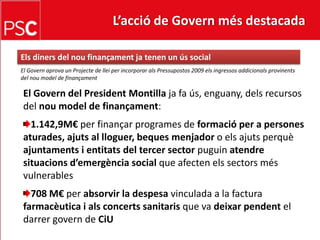 L’acció de Govern més destacada Elsdiners del noufinançamentjatenen un ús socialEl Govern aprova un Projecte de llei per incorporar als Pressupostos 2009 els ingressos addicionals provinents del nou model de finançamentEl Govern del President Montilla ja fa ús, enguany, dels recursos del noumodel de finançament:1.142,9M€ per finançar programes de formació per a persones aturades, ajuts al lloguer, beques menjadoro elsajutsperquèajuntaments i entitats del tercer sector puguinatendresituacionsd’emergència social que afecten elssectorsmés vulnerables708 M€ per absorvir la despesavinculada a la factura farmacèutica i alsconcertssanitarisque va deixarpendentel darrergovern de CiU