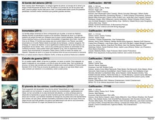 Nick Cassidy (Sam Worthington), un antiguo agente de policía, se escapa de la cárcel y se
dirige al Hotel Roosevelt de Nueva York. Al subirse a la cornisa de uno de los pisos más
altos, pone en peligro mucho más que su vida. La ciudad entera está a punto de quedarse
paralizada, incluidos ciertos individuos que guardan grandes secretos.
#508, (), 102 min
Al borde del abismo (2012)
Estudio: Summit Entertainment, Di Bonaventura Pictures
Género: Action, Crime, Thriller
Director: Asger Leth
Escenario: Pablo F. Fenjves
Actores: Sam Worthington (Nick Cassidy), Mandy Gonzalez (Manager), William Sadler
(Valet), Barbara Marineau (Screaming Woman), J. Smith-Cameron (Psychiatrist), Anthony
Mackie (Mike Ackerman), Patrick Collins (Father Leo), Jamie Bell (Joey Cassidy), Genesis
Rodriguez (Angie), Afton Williamson (Janice Ackerman), Robert Clohessy (Prison Guard),
Joe Lisi (Desk Sergeant), Candice McKoy (Cop - Bullhorn), Edward Burns (Jack Dougherty),
Johnny Solo (Cop - Room)
MPAA: PG-13 for violence and brief strong language
Calificación : 66/100
Un terrible peligro amenaza la Tierra: enloquecido por el poder, el brutal rey Hiperión
(Mickey Rourke) ha declarado la guerra a los hombres. Después de reunir a un ejército
sediento de sangre formado por soldados que él mismo mandó desfigurar, Hiperión quema
Grecia mientras busca un arma de poder inconcebible: el legendario arco Epiro, hecho por
Ares en el Olimpo. El hombre que posea ese arco podrá liberar a los Titanes, que están
encerrados en el monte Tártaro desde el principio de los tiempos, y claman venganza. Sin
embargo, en manos de Hiperión, el arco significaría la destrucción de la raza humana y la
aniquilación de los dioses. Pero, como la ley prohíbe que los dioses se entrometan en los
conflictos humanos, nada pueden hacer para detener al rey. Pero la esperanza renace
cuando Zeus encomienda al campesino Teseo (Henry Cavill) la misión de acabar con
Hiperión. Después de reunir a un grupo de hombres entre los que se encuentra la visionaria
#507, (), 110 min
Inmortales (2011)
Estudio: Relativity Media, Virgin Produced, Mark Canton Productions
Género: Action, Drama, Fantasy
Director: Tarsem Singh
Escenario: Charley Parlapanides, Vlas Parlapanides
Actores: Henry Cavill (Theseus), Mickey Rourke (King Hyperion), Stephen Dorff (Stavros),
Freida Pinto (Phaedra), Luke Evans (Zeus), John Hurt (Old Man), Joseph Morgan (Lysander),
Anne Day-Jones (Aethra), Greg Bryk (The Monk), Alan Van Sprang (Dareios), Peter
Stebbings (Helios), Daniel Sharman (Ares), Isabel Lucas (Athena), Kellan Lutz (Poseidon),
Steve Byers (Heracles)
MPAA: R for sequences of strong bloody violence, and a scene of sexuality
sacerdotisa Fedra (Freida Pinto) y el astuto esclavo Stavros (Stephen Dorff), el héroe se pondrá al frente de la rebelión.
Calificación : 61/100
En un pueblo inglés, Albert, el hijo de un granjero, ve nacer un potrillo. Poco después, su
padre lo adquiere en una subasta, y el chico le pone de nombre Joey. Pero la familia se
arruina y no tiene más remedio que vender el caballo justo cuando estalla la Primera Guerra
Mundial (1914-1918). Ése es el punto de partida de un viaje en el que tanto Albert como
Joey lucharán por sobrevivir a la contienda y volver a estar juntos.
#506, (), 146 min
Caballo de guerra (2011)
Estudio: DreamWorks SKG, Reliance Entertainment, Amblin Entertainment
Género: Drama, War
Director: Steven Spielberg
Escenario: Lee Hall, Richard Curtis
Actores: Jeremy Irvine (Albert Narracott), Peter Mullan (Ted Narracott), Emily Watson (Rose
Narracott), Niels Arestrup (Grandfather), David Thewlis (Lyons), Tom Hiddleston (Capt.
Nicholls), Benedict Cumberbatch (Maj. Jamie Stewart), Celine Buckens (Emilie), Toby
Kebbell (Geordie Soldier), Patrick Kennedy (Lt. Charlie Waverly), Leonard Carow (Michael),
David Kross (Gunther), Matt Milne (Andrew Easton), Robert Emms (David Lyons), Eddie
Marsan (Sgt. Fry)
MPAA: PG-13 for intense sequences of war violence
Calificación : 72/100
Tras la aparición del devastador "virus de los simios" desarrollado en un laboratorio y que
casi acabó con los humanos, un grupo de simios muy evolucionados, capitaneados por
César, se han convertido en la raza dominante del planeta. La única amenaza para su
desarrollo la representa un grupo de seres humanos que han sobrevivido al virus, al que
ahora son inmunes. Los hombres necesitan la energía de una presa cerca del asentamiento
de lo simios, así que César, siempre razonable y buscando el bien de los suyos, firma una
tregua de paz que evite estallar una guerra que determinará cuál será la raza dominante...
Secuela de la película "El origen del planeta de los simios".
#505, (), 130 min
El planeta de los simios: confrontación (2014)
Estudio: Chernin Entertainment, Ingenious Media, TSG Entertainment
Género: Action, Drama, Sci-fi, Thriller
Director: Matt Reeves
Escenario: Mark Bomback, Rick Jaffa
Actores: Andy Serkis (Caesar), Jason Clarke (Malcolm), Gary Oldman (Dreyfus), Keri Russell
(Ellie), Toby Kebbell (Koba), Kodi Smit-McPhee (Alexander), Kirk Acevedo (Carver), Nick
Thurston (Blue Eyes), Terry Notary (Rocket), Karin Konoval (Maurice), Judy Greer (Cornelia),
Jon Eyez (Foster), Enrique Murciano (Kemp), Larramie Doc Shaw (Ash), Lee Ross (Grey)
MPAA: B
Calificación : 77/100
Page 2411/08/2015
 