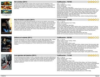 El escritor Eddie Morra (Bradley Cooper) sufre una grave crisis de creatividad. Un día
prueba una nueva droga que le permite sacar el máximo partido a sus facultades mentales.
De este modo, consigue triunfar en Nueva York. Un poderoso magnate de Wall Street
(Robert De Niro) siente una irreprimible curiosidad por averiguar qué se esconde detrás de
tanto éxito.
#476, (), 105 min
Sin Limites (2011)
Estudio: Relativity Media, Virgin Produced, Rogue
Género: Mystery, Sci-fi, Thriller
Director: Neil Burger
Escenario: Leslie Dixon, Alan Glynn
Actores: Bradley Cooper (Eddie Morra), Robert De Niro (Carl Van Loon), Abbie Cornish
(Lindy), Andrew Howard (Gennady), Anna Friel (Melissa), Johnny Whitworth (Vernon), Tomas
Arana (Man in Tan Coat), Robert John Burke (Pierce), Darren Goldstein (Kevin Doyle), Ned
Eisenberg (Morris Brandt), T.V. Carpio (Valerie), Richard Bekins (Hank Atwood), Patricia
Kalember (Mrs. Atwood), Cindy Katz (Marla Sutton), Brian Anthony Wilson (Detective)
MPAA: PG-13 for thematic material involving a drug, violence including disturbing images,
sexuality and language
Calificación : 74/100
Después de que su mundo haya sido destruido por seres de otro planeta, nueve jóvenes
alienígenas se esconden en la Tierra. Uno de ellos, el cuarto del grupo y que se hace llamar
John Smith (Alex Pettyfer), descubre que no está a salvo: sus enemigos se encuentran en
la Tierra, han acabado con los tres anteriores y le siguen los pasos para dar con él. Para
intentar no ser descubierto el joven cuenta con la ayuda de un guardián que le protege,
Henri (Timothy Olyphant). Haciéndose pasar por padre e hijo, su nuevo destino es Paradise,
un pequeño pueblo de Ohio, donde John conoce a Sara (Dianna Agron), por la que pronto
comienza a sentir una gran atracción.
#475, (), 109 min
Soy el número cuatro (2011)
Estudio: DreamWorks SKG, Reliance Big Entertainment, Bay Films
Género: Action, Adventure, Sci-fi, Thriller
Director: D.J. Caruso
Escenario: Alfred Gough, Miles Millar
Actores: Alex Pettyfer (John), Timothy Olyphant (Henri), Teresa Palmer (Number 6), Dianna
Agron (Sarah), Callan McAuliffe (Sam), Kevin Durand (Mogadorian Commander), Jake Abel
(Mark), Jeff Hochendoner (Sheriff James), Patrick Sebes (Kevin), Greg Townley (Number 3),
Reuben Langdon (Number 3's Guardian), Emily Wickersham (Nicole), Molly McGinnis
(Receptionist), Brian Howe (Frank), Andy Owen (Bret)
MPAA: PG-13 for intense sequences of violence and action, and for language
Calificación : 61/100
Después del asesinato de su hija y del secuestro de su nieto, Milton (Nicolas Cage), cegado
por la ira, se convierte en un hombre vengativo que persigue implacablemente a los
culpables. En su desesperado afán de venganza lo acompaña una sexy camarera (Amber
Heard), al tiempo que es perseguido por la mano derecha del mismísimo diablo (William
Fichtner).
#474, (), 104 min
Infierno al volante (2011)
Estudio: Summit Entertainment, Millennium Films, Michael De Luca Productions
Género: Action, Comedy, Fantasy, Thriller
Director: Patrick Lussier
Escenario: Todd Farmer, Patrick Lussier
Actores: Nicolas Cage (Milton), Amber Heard (Piper), William Fichtner (The Accountant), Billy
Burke (Jonah King), David Morse (Webster), Todd Farmer (Frank), Christa Campbell (Mona),
Charlotte Ross (Candy), Tom Atkins (Cap), Jack McGee (Fat Lou), Katy Mixon (Norma Jean),
Wanetah Walmsley (American Indian Mother), Robin McGee (Guy with Camera Phone),
Fabian C. Moreno (Latino Busboy), Edrick Browne (Rookie)
MPAA: R for strong brutal violence throughout, grisly images, some graphic sexual content,
nudity and pervasive language
Calificación : 55/100
El día de las elecciones al Senado, el joven y carismático político David Norris (Matt Damon)
conoce a Elise Sellas (Emily Blunt), una guapa bailarina de ballet que altera completamente
su vida. Cuando Norris empieza a sospechar que ciertas fuerzas sobrenaturales intentan
separarlos, tratará de averiguar las causas. Debut en la dirección del guionista de "El
ultimatum de Bourne".
#473, (), 106 min
Los agentes del destino (2011)
Estudio: Universal Pictures, Media Rights Capital, Gambit Pictures
Género: Romance, Sci-fi, Thriller
Director: George Nolfi
Escenario: George Nolfi, Philip K. Dick
Actores: Matt Damon (David Norris), Emily Blunt (Elise Sellas), Lisa Thoreson (Suburban
Mom), Florence Kastriner (Suburban Mom), Michael Kelly (Charlie Traynor), Phyllis MacBryde
(Suburban Neighbor), Natalie Carter (Suburban Neighbor), Chuck Scarborough (Chuck
Scarborough), Jon Stewart (Jon Stewart), Gregory P. Hitchen (U.S. Coast Guard Officer),
Darrell Lenormand (Upstate Farmer), Michael Bloomberg (Mayor Michael R. Bloomberg), Kar
(Political Consultant), RJ Konner (Political Consultant), Susan D. Michaels (Reporter)
MPAA: PG-13 for brief strong language, some sexuality and a violent image
Calificación : 71/100
Page 3211/08/2015
 