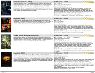Un escritor (McGregor) acepta a regañadientes el encargo de terminar las memorias del
primer ministro británico Lang (Pierce Brosnan), tras la muerte de la persona que lo estaba
haciendo. Para ello, se instala en una isla de la costa este de Estados Unidos. Al día
siguiente de su llegada, un exministro acusa a Lang de autorizar la captura ilegal de
presuntos terroristas y su entrega a la CIA, hechos que constituirían un crimen de guerra. El
escándalo atrae a periodistas y manifestantes a la mansión donde se alojan Lang, su mujer
(Olivia Williams) y su ayudante personal (Kim Cattrall).
#456, (), 128 min
El escritor fantasma (2010)
Estudio: R.P. Productions, France 2 Cin?ma, Studio Babelsberg
Género: Crime, Drama, Mystery, Thriller
Director: Roman Polanski
Escenario: Robert Harris, Roman Polanski
Actores: Ewan McGregor (The Ghost), Jon Bernthal (Rick Ricardelli), Tim Preece (Roy),
James Belushi (John Maddox), Timothy Hutton (Sidney Kroll), Anna Botting (SKY TV
Newsreader), Yvonne Tomlinson (Stewardess), Milton Welsh (Taxi Driver), Alister Mazzotti
(Protection Officer #1), Tim Faraday (Barry), Kim Cattrall (Amelia Bly), Kate Copeland (Alice),
Soogi Kang (Dep), Lee Hong Thay (Duc), Olivia Williams (Ruth Lang)
MPAA: PG-13 for language, brief nudity/sexuality, some violence and a drug reference
Calificación : 72/100
Un experimentado ingeniero de ferrocarriles (Denzel Washington) está a punto de ser
despedido de su empresa, pero antes conoce al novato (Chris Pine) que lo va a sustituir. La
situación cambia cuando un tren lleno de un peligroso combustible empieza a saltarse
estaciones a toda velocidad poniendo en peligro la vida de miles de personas.
#455, (), 98 min
Imparable (2010)
Estudio: Twentieth Century Fox Film Corporation, Prospect Park, Scott Free Productions
Género: Action, Thriller
Director: Tony Scott
Escenario: Mark Bomback
Actores: Denzel Washington (Frank), Chris Pine (Will), Rosario Dawson (Connie), Ethan
Suplee (Dewey), Kevin Dunn (Galvin), Kevin Corrigan (Inspector Werner), Kevin Chapman
(Bunny), Lew Temple (Ned), T.J. Miller (Gilleece), Jessy Schram (Darcy), David Warshofsky
(Judd Stewart), Andy Umberger (Janeway), Elizabeth Mathis (Nicole), Meagan Tandy (Maya),
Dylan Bruce (Michael Colson)
MPAA: PG-13 for sequences of action and peril, and some language
Calificación : 68/100
Ambientada en los años 50. Una chica es internada por su padrastro en una institución
psiquiátrica para que le practiquen una lobotomía. Mientras espera, su imaginación crea una
realidad alternativa que podría salvarla de su dramática situación. A partir de ahí, la joven
comienza a preparar su fuga, cuyo éxito depende del robo de cinco objetos.
#454, (), 110 min | 128 min (extended cut)
Sucker Punch: Mundo surreal (2011)
Estudio: Warner Bros., Legendary Pictures, Cruel & Unusual Films
Género: Action, Adventure, Fantasy
Director: Zack Snyder
Escenario: Zack Snyder, Steve Shibuya
Actores: Emily Browning (Babydoll), Abbie Cornish (Sweet Pea), Jena Malone (Rocket),
Vanessa Hudgens (Blondie), Jamie Chung (Amber), Carla Gugino (Dr. Vera Gorski), Oscar
Isaac (Blue Jones), Jon Hamm (High Roller - Doctor), Scott Glenn (Wise Man), Richard
Cetrone (CJ), Gerard Plunkett (Stepfather), Malcolm Scott (The Cook), Ron Selmour
(Danforth), Alan C. Peterson (Mayor - Lighter Orderly), Revard Dufresne (Big Boss Thug -
Orderly #3)
MPAA: PG-13 for thematic material involving sexuality, violence and combat sequences, and
for language
Calificación : 61/100
Después de ser secuestrado, Paul Conroy (Ryan Reynolds), contratista civil en Irak, se
despierta enterrado vivo en un viejo ataúd de madera sin más armas que un teléfono móvil y
un mechero. El teléfono podría ser el único medio que lo salvara de esa mortal pesadilla.,
pero la precariedad de la cobertura y la escasa batería parecen obstáculos insuperables en
su lucha contra el tiempo: sólo dispone de 90 minutos para ser rescatado antes de que se le
agote el oxígeno. Interesante film español de suspense, que fue presentado en Sundance
2010 y que levantó mucha expectación.
#453, (), 95 min
Sepultado (2010)
Estudio: Versus Entertainment, Safran Company, The, Dark Trick Films
Género: Drama, Mystery, Thriller
Director: Rodrigo Cort?s
Escenario: Chris Sparling
Actores: Ryan Reynolds (Paul Conroy), José Luis García Pérez (Jabir), Robert Paterson (Dan
Brenner), Stephen Tobolowsky (Alan Davenport), Samantha Mathis (Linda Conroy), Ivana
Miño (Pamela Lutti), Warner Loughlin (Maryanne Conroy - Donna Mitchell - Rebecca
Browning), Erik Palladino (Special Agent Harris), Kali Rocha (911 Operator), Chris William
Martin (State Department Rep.), Cade Dundish (Shane Conroy), Mary Birdsong (411 Female
Operator), Kirk Baily (411 Male Operator), Anne Lockhart (CRT Operator), Robert Clotworthy
(CRT Spokesman)
MPAA: R for language and some violent content
Calificación : 70/100
Page 3711/08/2015
 