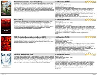 Inspirada en la obra homónima de Lewis Carroll. Alicia (Mia Wasikowska), una joven de 19
años, acude a una mansión victoriana para asistir a una fiesta de la alta sociedad. Cuando
está a punto de recibir públicamente una propuesta de matrimonio, sale corriendo tras un
conejo blanco y va a parar al País de las Maravillas, un lugar que había visitado diez años
antes, aunque ya no lo recuerda. Ese país era un reino pacífico hasta que la Reina Roja
(Helena Bonham Carter) derrocó a su hermana, la Reina Blanca (Anne Hathaway), pero las
criaturas que viven en él, dispuestas a rebelarse, esperan contar con el apoyo de Alicia, a la
que ayudan a recordar su primera visita al fantástico reino.
#432, (), 108 min
Alicia en el país de las maravillas (2010)
Estudio: Walt Disney Pictures, Roth Films, Team Todd
Género: Adventure, Family, Fantasy
Director: Tim Burton
Escenario: Linda Woolverton, Lewis Carroll
Actores: Johnny Depp (Mad Hatter), Mia Wasikowska (Alice Kingsleigh), Helena Bonham
Carter (Red Queen), Anne Hathaway (White Queen), Crispin Glover (Stayne - Knave of
Hearts), Matt Lucas (Tweedledee - Tweedledum), Michael Sheen (White Rabbit), Stephen
Fry (Cheshire Cat), Alan Rickman (Blue Caterpillar), Barbara Windsor (Dormouse), Paul
Whitehouse (March Hare), Timothy Spall (Bayard), Marton Csokas (Charles Kingsleigh), Tim
Pigott-Smith (Lord Ascot), John Surman (Colleague #1)
MPAA: PG for fantasy action/violence involving scary images and situations, and for a
smoking caterpillar
Calificación : 65/100
El agente retirado de operaciones encubiertas la CIA, Frank Moses (Bruce Willis), vuelve a
reunir a su peculiar equipo de élite para emprender la búsqueda a nivel global de un
dispositivo nuclear portátil desaparecido. Por el camino tendrán que enfrentarse a un
ejército de implacables asesinos, despiadados terroristas y oficiales del Gobierno
enloquecidos por el poder; todos ansiosos por hacerse con un arma devastadora… y todos
muy poco conscientes de lo que puede suponer enfrentarse al equipo de Retirados
Extremadamente Peligrosos y sus tácticas de la vieja escuela.
#431, (), 116 min
RED 2 (2013)
Estudio: Summit Entertainment, Di Bonaventura Pictures, DC Entertainment
Género: Action, Comedy, Crime, Thriller
Director: Dean Parisot
Escenario: Jon Hoeber, Erich Hoeber
Actores: Bruce Willis (Frank), John Malkovich (Marvin), Mary-Louise Parker (Sarah), Helen
Mirren (Victoria), Anthony Hopkins (Bailey), Byung-hun Lee (Han Cho Bai), Jong Kun Lee
(Han's Father), Catherine Zeta-Jones (Katja), Neal McDonough (Jack Horton), David Thewlis
(The Frog), Garrick Hagon (Davis), Tim Pigott-Smith (Director Philips), Brian Cox (Ivan),
Philip Arditti (Arman), Mitchell Mullen (Wade)
MPAA: B
Calificación : 67/100
Frank (Bruce Willis), Joe (Morgan Freeman), Marvin (John Malkovich) y Victoria (Helen
Mirren) son agentes especiales ya retirados, a los que la nueva administración de
Washington desea ver muertos. El motivo: eran los mejores agentes de la CIA, pero saben
demasiado. Adaptación del cómic de Warren Ellis.
#430, (), 111 min
RED: Retirados Extremadamente Duros (2010)
Estudio: Summit Entertainment, Di Bonaventura Pictures, DC Entertainment
Género: Action, Comedy, Crime, Thriller
Director: Robert Schwentke
Escenario: Jon Hoeber, Erich Hoeber
Actores: Bruce Willis (Frank Moses), Mary-Louise Parker (Sarah Ross), Heidi von Palleske
(Woman Neighbor), Karl Urban (William Cooper), Chris Owens (Hanged Man), Rebecca
Pidgeon (Cynthia Wilkes), Morgan Freeman (Joe Matheson), Jaqueline Fleming (Marna),
Randy Wade Kelley (Paramedic), Jason Giuliano (Endercott), Alec Rayme (Cop at
Intersection), Lawrence Turner (Retirement Home Assassin), Emily Kuroda (Mrs. Chan), Joe
Chrest (Retirement Home Detective), Justine Wachsberger (Nurse)
MPAA: PG-13 for intense sequences of action violence and brief strong language
Calificación : 71/100
En una base científica de la Antártida, el lugar más aislado e inhóspito del planeta, la agente
Carrie Stetko (Kate Beckinsale) se ha ocupado rutinariamente durante dos años de asuntos
de seguridad. Sin embargo, cuando, por fin, llega el momento de volver a su casa, un piloto
descubre en medio de la nieve el cadáver de un hombre asesinado. Ahora bien, todo el
personal está a punto de evacuar la base ante la llegada de una gigantesca tormenta, de
modo que la agente Stetko dispone de muy poco tiempo para identificar al culpable.
#429, (), 101 min
Terror en la Antártida (2009)
Estudio: Warner Bros., Dark Castle Entertainment, StudioCanal
Género: Action, Crime, Mystery, Thriller
Director: Dominic Sena
Escenario: Jon Hoeber, Erich Hoeber
Actores: Kate Beckinsale (Carrie Stetko), Gabriel Macht (Robert Pryce), Tom Skerritt (Dr.
John Fury), Columbus Short (Delfy), Alex O'Loughlin (Russell Haden), Shawn Doyle (Sam
Murphy), Joel Keller (Jack), Jesse Todd (Rubin), Arthur Holden (McGuire), Erin Hicock
(Rhonda), Bashar Rahal (Russian Pilot), Julian Cain (Russian Co-pilot), Dennis Keiffer
(Russian Guard), Andrei Runtso (Russian Guard), Roman Varshavsky (Russian Guard)
MPAA: B15
Calificación : 55/100
Page 4311/08/2015
 