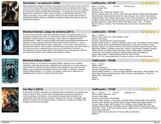 Nueva entrega de la saga de Terminator, que transcurre en 2018, tras el día del Juicio Final.
John Connor (Christian Bale) es el hombre destinado a liderar la resistencia de los seres
humanos contra Skynet y su ejército de Terminators. Pero la vida de Connor se ve alterada
por la aparición de Marcus Wright (Sam Worthington), un desconocido que afirma haber
estado en el corredor de la muerte y haber conocido a su padre (Anton Yelchin). En una
carrera contrarreloj, Connor debe averiguar si Marcus ha sido enviado desde el futuro o
rescatado del pasado. Mientras, la Resistencia prepara el ataque final contra el centro de
operaciones de Skynet.
#424, (), 115 min | 118 min (director's cut)
Terminator - La salvación (2009)
Estudio: Halcyon Company, The, Wonderland Sound and Vision, Columbia Pictures
Género: Action, Sci-fi
Director: McG
Escenario: John D. Brancato, Michael Ferris
Actores: Christian Bale (John Connor), Sam Worthington (Marcus Wright), Moon Bloodgood
(Blair Williams), Helena Bonham Carter (Dr. Serena Kogan), Anton Yelchin (Kyle Reese),
Jadagrace (Star), Bryce Dallas Howard (Kate Connor), Common (Barnes), Jane Alexander
(Virginia), Michael Ironside (General Ashdown), Ivan G'Vera (General Losenko), Chris
Browning (Morrison), Dorian Nkono (David), Beth Bailey (Lisa), Victor J. Ho (Mark)
MPAA: B
Calificación : 67/100
En todo el mundo se están produciendo llamativas noticias: un escándalo acaba con un
potentado del algodón de la India, un comerciante de opio chino fallece de una aparente
sobredosis, estallan bombas en Estrasburgo y Viena, fallece un magnate del acero
estadounidense... Nadie ve ninguna conexión entre estos acontecimientos aparentemente
aleatorios, excepto el famoso detective Sherlock Holmes (Robert Downey Jr.), que ha
adivinado una red deliberada de muerte y destrucción. Y en su centro, como una araña
especialmente siniestra, está el profesor James Moriarty (Jared Harris), una mente maestra
del crimen que auna su capacidad para el mal con una total falta de conciencia. La
investigación por parte de Holmes del plan de Moriarty se torna más peligrosa cuando le
hace abandonar Londres, junto a Watson, para dirigirse a Francia.
#423, (), 129 min
Sherlock Holmes: Juego de sombras (2011)
Estudio: Warner Bros., Village Roadshow Pictures, Silver Pictures
Género: Action, Adventure, Crime, Mystery, Thriller
Director: Guy Ritchie
Escenario: Michele Mulroney, Kieran Mulroney
Actores: Robert Downey Jr. (Sherlock Holmes), Jude Law (Dr. John Watson), Noomi Rapace
(Madam Simza Heron), Rachel McAdams (Irene Adler), Jared Harris (Professor James
Moriarty), Stephen Fry (Mycroft Holmes), Paul Anderson (Colonel Sebastian Moran), Kelly
Reilly (Mary Watson), Geraldine James (Mrs. Hudson), Eddie Marsan (Inspector Lestrade),
William Houston (Constable Clark), Wolf Kahler (Doctor Hoffmanstahl), Iain Mitchell
(Auctioneer), Jack Laskey (Carruthers), Patricia Slater (Shush Club Maitre D')
MPAA: PG-13 for intense sequences of violence and action, and some drug material
Calificación : 75/100
Sherlock Holmes y su incondicional compañero Watson, deberán usar su agudeza
intelectual y toda clase de recursos y habilidades para enfrentarse a un nuevo enemigo y
desenmarañar un complot que podría destruir el país. Adaptación del cómic de Lionel
Wigram, que reinventa los personajes de Arthur Conan Doyle, convirtiendo a Sherlock
Holmes (Robert Downey Jr.) y al Doctor John Watson (Jude Law) en detectives con
habilidades para el boxeo y la esgrima respectivamente.
#422, (), 128 min
Sherlock Holmes (2009)
Estudio:
Género: Action
Director: Guy Ritchie
Escenario: Michael Robert Johnson, Anthony Peckham
Actores: Robert Downey Jr., Jude Law, Rachel McAdams, Mark Strong, Robert Maillet, Kelly
Reilly, Eddie Marsan, Geraldine James, William Houston, Hans Matheson, James Fox,
William Hope, Clive Russell
MPAA: B
Calificación : 76/100
El descarado y brillante empresario Tony Stark/Iron Man se enfrentará a un enemigo cuyo
poder no conoce límites. Cuando Stark comprende que su enemigo ha destruido su
universo personal, se embarca en una angustiosa búsqueda para encontrar a los
responsables. Este viaje pondrá a prueba su entereza una y otra vez. Acorralado, Stark
tendrá que sobrevivir por sus propios medios, confiando en su ingenio y su instinto para
proteger a las personas que quiere.
#421, (), 130 min | 195 min (assembly cut)
Iron Man 3 (2013)
Estudio: Marvel Studios, Paramount Pictures, DMG Entertainment
Género: Action, Adventure, Sci-fi
Director: Shane Black
Escenario: Drew Pearce, Shane Black
Actores: Robert Downey Jr. (Tony Stark), Gwyneth Paltrow (Pepper Potts), Don Cheadle
(Colonel James Rhodes), Guy Pearce (Aldrich Killian), Rebecca Hall (Maya Hansen), Jon
Favreau (Happy Hogan), Ben Kingsley (Trevor Slattery), James Badge Dale (Savin),
Stephanie Szostak (Brandt), Paul Bettany (Jarvis), William Sadler (President Ellis), Dale
Dickey (Mrs. Davis), Ty Simpkins (Harley Keener), Miguel Ferrer (Vice President Rodriguez),
Xueqi Wang (Doctor Wu)
MPAA: B
Calificación : 73/100
Page 4511/08/2015
 
