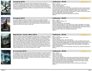 Tris (Shailene Woodley) y Cuatro (Theo James) son fugitivos que tratan de eludir la
persecución de Jeanine (Kate Winslet), la líder de los eruditos. Tris pretende averiguar qué
era lo que su familia defendió con tanto sacrificio. Atormentada por las decisiones de su
pasado, pero decidida a proteger a los suyos, Tris, con la ayuda de Cuatro, se enfrentará a
un reto tras otro para desbloquear la verdad de su pasado y el futuro de su mundo. Secuela
de "Divergente" (2014).
#578, (), 119 min
Insurgente (2015)
Estudio: Red Wagon Entertainment, Mandeville Films, NeoReel
Género: Adventure, Sci-fi, Thriller
Director: Robert Schwentke
Escenario: Brian Duffield, Akiva Goldsman
Actores: Kate Winslet (Jeanine), Jai Courtney (Eric), Mekhi Phifer (Max), Shailene Woodley
(Tris), Theo James (Four), Ansel Elgort (Caleb), Miles Teller (Peter), Cynthia Barrett (Amity
Divergent Woman), Justice Leak (Amity Divergent Husband), Lyndsi LaRose (Amity
Teacher), Charlie Bodin (Amity Server), Octavia Spencer (Johanna), Zoë Kravitz (Christina),
Ben Lloyd-Hughes (Will), Tony Goldwyn (Andrew)
MPAA: B
Calificación : 65/100
En un mundo distópico en el que la sociedad se divide en cinco categorías (Verdad,
Abnegación, Osadía, Cordialidad y Erudición), los jóvenes deben elegir, atendiendo a sus
virtudes personales más destacadas, a qué facción pertenecer. Beatrice sorprende a los
suyos con su decisión, pero ella no es como los demás: guarda un secreto del que podría
depender el orden social e incluso su propia vida.
#577, (), 139 min
Divergente (2014)
Estudio: Summit Entertainment, Red Wagon Entertainment
Género: Adventure, Mystery, Sci-fi
Director: Neil Burger
Escenario: Veronica Roth, Evan Daugherty
Actores: Shailene Woodley (Tris), Theo James (Four), Ashley Judd (Natalie), Jai Courtney
(Eric), Ray Stevenson (Marcus), Zoë Kravitz (Christina), Miles Teller (Peter), Tony Goldwyn
(Andrew), Ansel Elgort (Caleb), Maggie Q (Tori), Mekhi Phifer (Max), Kate Winslet (Jeanine),
Ben Lloyd-Hughes (Will), Christian Madsen (Al), Amy Newbold (Molly)
MPAA: B
Calificación : 68/100
Año 2024. Cuando el joven Thomas despierta, se encuentra en un ascensor y no recuerda
quién es. De pronto, el ascensor se detiene, las puertas se abren y una multitud de chicos lo
recibe. Ha llegado al Claro, un lugar rodeado de altísimos muros con dos portones que
todas las mañanas se abren y dan paso a un inmenso laberinto. De noche, las puertas se
cierran y por el laberinto circulan unas aterradoras criaturas llamadas laceradores. Todo lo
que ocurre en el Claro sigue unas pautas: al abrirse las puertas, algunos chicos salen a
correr al laberinto para buscar una salida. Una vez al mes, el ascensor sube con un nuevo
chico, nunca una chica... hasta ahora. Tras la llegada de Thomas, suena una alarma y el
ascensor trae a otra persona. Es una chica, y en la nota que la acompaña pone: "Ella es la
última. No llegarán más". Las cosas en el Claro empiezan a cambiar, y lo único en lo que
Thomas puede pensar es en lo mucho que desea ser un corredor.
#576, (), 113 min
Maze Runner - Correr o Morir (2014)
Estudio: Twentieth Century Fox Film Corporation, Gotham Group, Temple Hill Entertainment
Género: Action, Mystery, Sci-fi, Thriller
Director: Wes Ball
Escenario: Noah Oppenheim, Grant Pierce Myers
Actores: Dylan O'Brien (Thomas), Aml Ameen (Alby), Ki Hong Lee (Minho), Blake Cooper
(Chuck), Thomas Brodie-Sangster (Newt), Will Poulter (Gally), Dexter Darden (Frypan), Kaya
Scodelario (Teresa), Chris Sheffield (Ben), Joe Adler (Zart), Alexander Flores (Winston),
Jacob Latimore (Jeff), Randall D. Cunningham (Clint), Patricia Clarkson (Ava Paige), Don
McManus (Masked Man)
MPAA: B
Calificación : 69/100
En el transcurso de un solo día, la ciudad de Silverton es azotada por una serie de tornados
sin precedentes. Toda la ciudad está a merced de ciclones erráticos y mortales, mientras
que los cazadores de tormentas predicen que lo peor está aún por llegar. La mayoría de las
personas buscan refugio, mientras que otras corren hace el vórtice, poniendo a prueba
hasta dónde está dispuesto a llegar un cazador de tormentas para conseguir esa foto única
que solo se hace una vez en la vida.
#575, (), 89 min
En el tornado (2014)
Estudio: Broken Road Productions, New Line Cinema, RatPac-Dune Entertainment
Género: Action, Thriller
Director: Steven Quale
Escenario: John Swetnam
Actores: Richard Armitage (Gary), Sarah Wayne Callies (Allison), Matt Walsh (Pete), Max
Deacon (Donnie), Nathan Kress (Trey), Alycia Debnam-Carey (Kaitlyn), Arlen Escarpeta
(Daryl), Jeremy Sumpter (Jacob), Lee Whittaker (Lucas), Kyle Davis (Donk), Jon Reep
(Reevis), Scott Lawrence (Principal Thomas Walker), David Drumm (Chester), Brandon
Ruiter (Todd White), Jimmy Groce (Studious Male)
MPAA: B
Calificación : 58/100
Page 611/08/2015
 