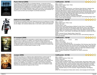 Los privilegios y la belleza abundan en la Academia Spenser, un internado de Nueva
Inglaterra destinado a la élite dominante de la región. Los Hijos de Ipswich son cuatro de
estos jóvenes estudiantes ligados por su ascendencia sagrada. Como descendientes de las
primeras familias que se establecieron en la Colonia Ipswich, en la década de 1600, estos
cuatro chicos tienen poderes especiales innatos. Cuando, de pronto, un quinto descendiente
se traslada a vivir a la ciudad, comienzan a desvelarse ciertos secretos que amenazan con
romper el pacto de silencio que ha protegido a sus familias durante años...
#345, (), 97 min
Pacto infernal (2006)
Estudio: Screen Gems, Eyetronics, Lakeshore Entertainment
Género: Action, Fantasy, Horror, Thriller
Director: Renny Harlin
Escenario: J.S. Cardone
Actores: Steven Strait (Caleb Danvers), Laura Ramsey (Sarah Wenham), Sebastian Stan
(Chase Collins), Taylor Kitsch (Pogue Parry), Chace Crawford (Tyler Simms), Toby
Hemingway (Reid Garwin), Jessica Lucas (Kate Tunney), Kyle Schmid (Aaron Abbot), Wendy
Crewson (Evelyn Danvers), Stephen McHattie (William Danvers III), Kenneth Welsh (Provost
Higgins), Christian Baril (Dead Teenage Boy), Basia Jasinski (Nicky's Bar Waitress), Rob
Burns (Mr. Pennyworth), Robert Crooks (Ryan Bael)
MPAA: PG-13 for intense sequences of violence and action, some disturbing images, sexual
content, partial nudity and language
Calificación : 53/100
El presidente de los Estados Unidos viaja a Salamanca para dar una conferencia. En medio
del mitin, alguien intenta atentar contra su vida. La historia está contada a través de los ojos
de ocho testigos: ocho versiones distintas sobre un único hecho. ¿Qué ocurrió realmente?
#344, (), 90 min
Justo en la mira (2008)
Estudio: Columbia Pictures, Relativity Media, Original Film
Género: Action, Drama, Thriller, Crime
Director: Pete Travis
Escenario: Barry L. Levy
Actores: Dennis Quaid (Thomas Barnes), Matthew Fox (Kent Taylor), Forest Whitaker
(Howard Lewis), Bruce McGill (Phil McCullough), Édgar Ramírez (Javier), Saïd Taghmaoui
(Suarez), Ayelet Zurer (Veronica), Zoe Saldana (Angie Jones), Sigourney Weaver (Rex
Brooks), William Hurt (President Ashton), James Le Gros (Ted Heinkin), Eduardo Noriega
(Enrique), Richard T. Jones (Holden), Holt McCallany (Ron Matthews), Leonardo Nam (Kevin
Cross)
MPAA: PG-13 for sequences of intense violence and action, some disturbing images and
brief strong language
Calificación : 66/100
Los habitantes de Seúl observan sorprendidos un extraño objeto que cuelga de un puente
sobre el río Han. El objeto es, en realidad, una monstruosa criatura mutante que al
despertar devora a todo aquel que se cruza en su camino. En medio de tanto horror, la
criatura mutante rapta a la hija del dueño de un quiosco que vive felizmente a la orilla del
río. Mientras el ejército fracasa una y otra vez en sus intentos de destruir al monstruo, este
hombrecillo anónimo y su familia intentan recuperar a su hija.
#343, (), 120 min | 110 min (DVD)
El huesped (2006)
Estudio: Showbox Entertainment, Chungeorahm Film, Boston Investments
Género: Horror, Sci-fi
Director: Joon-ho Bong
Escenario: Joon-ho Bong, Won-jun Ha
Actores: Kang-ho Song (Park Gang-Doo), Hie-bong Byeon (Park Hie-bong), Hae-il Park (Park
Nam-il), Doona Bae (Park Nam-Joo), Ah-sung Ko (Park Hyun-seo), Dal-su Oh (The Monster),
Jae-eung Lee (Se-jin), Dong-ho Lee (Se-joo), Je-mun Yun (Homeless Man), David Anselmo
(Donald), Martin Lord Cayce (U.S. Senator), Cristen Cho, Philip Hersh (Additional Voices),
Paul Lazar (US Doctor trying to operate Gang-Du), Brian Lee
MPAA: B15
Calificación : 70/100
David Rice ha nacido con un misterioso poder: teletransportarse a cualquier lugar del
mundo que desee. Siempre ha utilizado esta facultad para escapar de su pasado,
incrementar su inmensa fortuna o conservar su independencia. Sin embargo, cuando
conoce a Griffin, un exaltado trotamundos que tiene el mismo poder que él, descubre que
no es un ser tan singular, sino que pertenece a un grupo de personas con anomalías
genéticas ("los saltadores") que, además, nunca están a salvo. De hecho David ha sido
identificado por una organización secreta cuya misión es matar a los "saltadores" y será
víctima de una persecución sin tregua por todo el mundo.
#342, (), 88 min
Jumper (2008)
Estudio: Twentieth Century Fox Film Corporation, Regency Enterprises, New Regency
Pictures
Género: Action, Adventure, Thriller, Sci-fi
Director: Doug Liman
Escenario: David S. Goyer, Jim Uhls
Actores: Hayden Christensen (David Rice), Jamie Bell (Griffin), Rachel Bilson (Millie), Diane
Lane (Mary Rice), Samuel L. Jackson (Roland), Michael Rooker (William Rice), AnnaSophia
Robb (Young Millie), Max Thieriot (Young David), Jesse James (Young Mark), Tom Hulce
(Mr. Bowker), Kristen Stewart (Sophie), Teddy Dunn (Mark Kobold), Barbara Garrick (Ellen),
Michael Winther (Day Bank Manager), Massimiliano Pazzaglia (Italian Desk Cop)
MPAA: PG-13 for sequences of intense action violence, some language and brief sexuality
Calificación : 61/100
Page 6511/08/2015
 