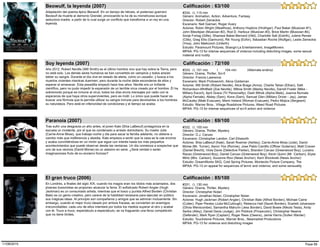 Adaptación del poema épico Beowulf. En un tiempo de héroes, el poderoso guerrero
Beowulf da muerte al demonio Grendel, provocando la ira de su monstruosa aunque
seductora madre, a partir de lo cual surge un conflicto que transforma a un rey en una
leyenda.
#334, (), 115 min
Beowulf, la leyenda (2007)
Estudio: Paramount Pictures, Shangri-La Entertainment, ImageMovers
Género: Animation, Action, Adventure, Fantasy
Director: Robert Zemeckis
Escenario: Neil Gaiman, Roger Avary
Actores: Robin Wright (Wealthow), Anthony Hopkins (Hrothgar), Paul Baker (Musician #1),
John Bilezikjian (Musician #2), Rod D. Harbour (Musician #3), Brice Martin (Musician #4),
Sonje Fortag (Gitte), Sharisse Baker-Bernard (Hild), Charlotte Salt (Estrith), Julene Renee
(Cille), Greg Ellis (Garmund), Rik Young (Eofor), Sebastian Roché (Wulfgar), Leslie Zemeckis
(Yrsa), John Malkovich (Unferth)
MPAA: PG-13 for intense sequences of violence including disturbing images, some sexual
material and nudity
Calificación : 63/100
Año 2012. Robert Neville (Will Smith) es el último hombre vivo que hay sobre la Tierra, pero
no está solo. Los demás seres humanos se han convertido en vampiros y todos ansían
beber su sangre. Durante el día vive en estado de alerta, como un cazador, y busca a los
muertos vivientes mientras duermen; pero durante la noche debe esconderse de ellos y
esperar el amanecer. Esta pesadilla empezó hace tres años: Neville era un brillante
científico, pero no pudo impedir la expansión de un terrible virus creado por el hombre. Él ha
sobrevivido porque es inmune al virus; todos los días envía mensajes por radio con la
esperanza de que haya otros supervivientes, pero es inútil. Lo único que puede hacer es
buscar una fórmula que le permita utilizar su sangre inmune para devolverles a los hombres
su naturaleza. Pero está en inferioridad de condiciones y el tiempo se acaba.
#333, (), 101 min | 104 min (Alternate ending)
Soy leyenda (2007)
Estudio: Warner Bros., Village Roadshow Pictures, Weed Road Pictures
Género: Drama, Thriller, Sci-fi
Director: Francis Lawrence
Escenario: Mark Protosevich, Akiva Goldsman
Actores: Will Smith (Robert Neville), Alice Braga (Anna), Charlie Tahan (Ethan), Salli
Richardson-Whitfield (Zoe Neville), Willow Smith (Marley Neville), Darrell Foster (Mike -
Military Escort), April Grace (TV Personality), Dash Mihok (Alpha Male), Joanna Numata
(Alpha Female), Abbey (Sam), Kona (Sam), Samuel Glen (Military Driver - Jay), James
McCauley (Male Evacuee), Marin Ireland (Woman Evacuee), Pedro Mojica (Sergeant)
MPAA: PG-13 for intense sequences of sci-fi action and violence
Calificación : 72/100
Tras sufrir una desgracia un año antes, el joven Kale (Shia LaBeouf) protagoniza en la
escuela un incidente, por el que es condenado a arresto domiciliario. Su madre Julie
(Carrie-Anne Moss), que trabaja noche y día para sacar la familia adelante, no obtiene a
cambio más que indiferencia y desidia. Kale empieza a sentir que la casa se le cae encima
y acaba convirtiéndose en un mirón que sigue con interés hasta los más pequeños
acontecimientos que puede observar desde las ventanas. Un día comienza a sospechar que
uno de sus vecinos (David Morse) es un asesino en serie. ¿Será verdad o serán
imaginaciones fruto de su encierro forzoso?
#332, (), 105 min
Paranoia (2007)
Estudio: DreamWorks SKG, Cold Spring Pictures, Montecito Picture Company, The
Género: Drama, Thriller, Mystery
Director: D.J. Caruso
Escenario: Christopher Landon, Carl Ellsworth
Actores: Shia LaBeouf (Kale), Sarah Roemer (Ashley), Carrie-Anne Moss (Julie), David
Morse (Mr. Turner), Aaron Yoo (Ronnie), Jose Pablo Cantillo (Officer Gutierrez), Matt Craven
(Daniel Brecht), Viola Davis (Detective Parker), Brandon Caruso (Greenwood Boy), Luciano
Rauso (Greenwood Boy), Daniel Caruso (Greenwood Boy), Kevin Quinn (Mr. Carlson), Elyse
Mirto (Mrs. Carlson), Suzanne Rico (News Anchor), Kent Shocknek (News Anchor)
MPAA: PG-13 on appeal for sequences of terror and violence, and some sensuality
Calificación : 69/100
En Londres, a finales del siglo XIX, cuando los magos eran los ídolos más aclamados, dos
jóvenes ilusionistas se proponen alcanzar la fama. El sofisticado Robert Angier (Hugh
Jackman) es un consumado artista, mientras que el tosco y purista Alfred Borden (Christian
Bale) es un genio creativo, pero carece de la habilidad necesaria para ejecutar en público
sus mágicas ideas. Al principio son compañeros y amigos que se admiran mutuamente. Sin
embargo, cuando el mejor truco ideado por ambos fracasa, se convierten en enemigos
irreconciliables: cada uno de ellos intentará por todos los medios superar al otro y acabar
con él. Truco a truco, espectáculo a espectáculo, se va fraguando una feroz competición
que no tiene límites.
#331, (), 130 min
El gran truco (2006)
Estudio: Touchstone Pictures, Warner Bros., Newmarket Productions
Género: Drama, Thriller, Mystery
Director: Christopher Nolan
Escenario: Jonathan Nolan, Christopher Nolan
Actores: Hugh Jackman (Robert Angier), Christian Bale (Alfred Borden), Michael Caine
(Cutter), Piper Perabo (Julia McCullough), Rebecca Hall (Sarah Borden), Scarlett Johansson
(Olivia Wenscombe), Samantha Mahurin (Jess Borden), David Bowie (Nikola Tesla), Andy
Serkis (Alley), Daniel Davis (Judge), Jim Piddock (Prosecutor), Christopher Neame
(Defender), Mark Ryan (Captain), Roger Rees (Owens), Jamie Harris (Sullen Warder)
MPAA: PG-13 for violence and disturbing images
Calificación : 85/100
Page 6811/08/2015
 