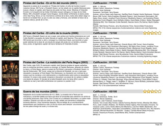 Siguiendo la estela de lo sucedido en “Piratas del Caribe: el cofre del hombre muerto”,
nuestros héroes, Will Turner y Elizabeth Swann, se han aliado con el capitán Barbossa para
buscar y liberar al capitán Jack Sparrow del poder de Davy Jones. Mientras el Holandés
Errante y la Compañía de las Indias Orientales causan estragos a lo largo de los Siete
Mares, Will y Elizabeth navegan hacia Singapur, donde deben enfrentarse al astuto pirata
chino Sao Feng. Ahora, en los mismísimos confines de la tierra, todos ellos deben elegir un
bando en la batalla final, ya que no sólo sus vidas y fortunas, sino también el futuro de la
piratería clásica, pende de un hilo...
#290, (), 169 min
Piratas del Caribe - En el fin del mundo (2007)
Estudio: Walt Disney Pictures, Jerry Bruckheimer Films, Second Mate Productions
Género: Action, Adventure, Fantasy
Director: Gore Verbinski
Escenario: Ted Elliott, Terry Rossio
Actores: Johnny Depp (Jack Sparrow), Geoffrey Rush (Captain Hector Barbossa), Orlando
Bloom (Will Turner), Keira Knightley (Elizabeth Swann), Jack Davenport (Norrington), Bill
Nighy (Davy Jones), Jonathan Pryce (Governor Weatherby Swann), Lee Arenberg (Pintel),
Mackenzie Crook (Ragetti), Kevin McNally (Gibbs), David Bailie (Cotton), Stellan Skarsgård
(Bootstrap Bill), Tom Hollander (Cutler Beckett), Naomie Harris (Tia Dalma), Martin Klebba
(Marty)
MPAA: PG-13 for intense sequences of action/adventure violence and some frightening
images
Calificación : 71/100
Will Turner y Elizabeth Swann se van a casar, pero ambos son hechos prisioneros por Lord
Cutler Beckett y acusados de haber liberado al capitán Jack Sparrow. Para salvar su vida
Will tendrá que encontrar a Jack y conseguir su misteriosa brújula, que esconde un gran
poder además de la clave de una deuda de sangre del pirata con un temible y siniestro
Davy Jones, el legendario capitán del barco fantasma El Holandés Errante.
#289, (), 151 min
Piratas del Caribe - El cofre de la muerte (2006)
Estudio: Walt Disney Pictures, Jerry Bruckheimer Films, Second Mate Productions
Género: Action, Adventure, Fantasy
Director: Gore Verbinski
Escenario: Ted Elliott, Terry Rossio
Actores: Johnny Depp (Jack Sparrow), Orlando Bloom (Will Turner), Keira Knightley
(Elizabeth Swann), Jack Davenport (Norrington), Bill Nighy (Davy Jones), Jonathan Pryce
(Governor Weatherby Swann), Lee Arenberg (Pintel), Mackenzie Crook (Ragetti), Kevin
McNally (Gibbs), David Bailie (Cotton), Stellan Skarsgård (Bootstrap Bill), Tom Hollander
(Cutler Beckett), Naomie Harris (Tia Dalma), Martin Klebba (Marty), David Schofield (Mercer)
MPAA: PG-13 for intense sequences of adventure violence, including frightening images
Calificación : 73/100
Mar Caribe, siglo XVIII. El aventurero capitán Jack Sparrow piratea en aguas caribeñas,
pero su andanzas terminan cuando su enemigo, el Capitán Barbossa, después de robarle
su barco, el Perla Negra, ataca la ciudad de Port Royal y secuestra a Elizabeth Swann, la
hija del Gobernador. Will Turner, amigo de la infancia de Elizabeth, se une a Jack para
rescatarla y recuperar el Perla Negra. Pero Barbossa y su tripulación son víctimas de un
conjuro que los condena a vivir eternamente y a transformarse cada noche en esqueletos
vivientes. El conjuro sólo puede romperse si devuelven una pieza de oro azteca y saldan
una deuda de sangre. El rescate de la bella Elizabeth será una tarea difícil, pues la
maldición es real y será difícil enfrentarse con quienes no pueden morir.
#288, (), 143 min
Piratas del Caribe - La maldición del Perla Negra (2003)
Estudio: Walt Disney Pictures, Jerry Bruckheimer Films
Género: Action, Adventure, Fantasy
Director: Gore Verbinski
Escenario: Ted Elliott, Terry Rossio
Actores: Johnny Depp (Jack Sparrow), Geoffrey Rush (Barbossa), Orlando Bloom (Will
Turner), Keira Knightley (Elizabeth Swann), Jack Davenport (Norrington), Jonathan Pryce
(Governor Weatherby Swann), Lee Arenberg (Pintel), Mackenzie Crook (Ragetti), Damian
O'Hare (Lt. Gillette), Giles New (Murtogg), Angus Barnett (Mullroy), David Bailie (Cotton),
Michael Berry Jr. (Twigg), Isaac C. Singleton Jr. (Bo'sun), Kevin McNally (Joshamee Gibbs)
MPAA: PG-13 for action/adventure violence
Calificación : 81/100
Adaptación de la novela homónima de H.G. Wells. La invasión de la Tierra por los
marcianos y la terrible batalla que tiene que librar la humanidad para sobrevivir se centra en
una familia americana. Ray Ferrier (Tom Cruise) es un estibador divorciado y un padre nada
modélico. Estando sus hijos de visita en su casa, estalla una tremenda e inesperada
tormenta eléctrica. Unos momentos después, Ray es testigo de un acontecimiento
extraordinario que cambiará su vida y la de los suyos para siempre: una enorme máquina
de tres patas emerge del suelo y lo arrasa todo.
#287, (), 116 min
Guerra de los mundos (2005)
Estudio: Paramount Pictures, DreamWorks SKG, Amblin Entertainment
Género: Adventure, Thriller, Sci-fi
Director: Steven Spielberg
Escenario: Josh Friedman, David Koepp
Actores: Tom Cruise (Ray Ferrier), Dakota Fanning (Rachel Ferrier), Miranda Otto (Mary
Ann), Justin Chatwin (Robbie), Tim Robbins (Harlan Ogilvy), Rick Gonzalez (Vincent), Yul
Vazquez (Julio), Lenny Venito (Manny the Mechanic), Lisa Ann Walter (Bartender), Ann
Robinson (Grandmother), Gene Barry (Grandfather), David Alan Basche (Tim), Roz Abrams
(Herself), Michael Brownlee (TV Reporter - Osaka), Camillia Monet (News Producer)
MPAA: B
Calificación : 65/100
Page 7911/08/2015
 