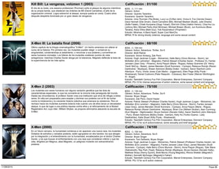 El día de su boda, una asesina profesional (Thurman) sufre el ataque de algunos miembros
de su propia banda, que obedecen las órdenes de Bill (David Carradine), el jefe de la
organización criminal. Logra sobrevivir al ataque, aunque queda en coma. Cuatro años
después despierta dominada por un gran deseo de venganza.
#255, (), 111 min
Kill Bill: La venganza, volúmen 1 (2003)
Estudio: Miramax, A Band Apart, Super Cool ManChu
Género: Action
Director: Quentin Tarantino
Escenario: Quentin Tarantino
Actores: Uma Thurman (The Bride), Lucy Liu (O-Ren Ishii), Vivica A. Fox (Vernita Green),
Daryl Hannah (Elle Driver), David Carradine (Bill), Michael Madsen (Budd), Julie Dreyfus
(Sofie Fatale), Chiaki Kuriyama (Gogo Yubari), Shin'ichi Chiba (Hattori Hanzo), Chia-Hui Liu
(Johnny Mo), Michael Parks (Earl McGraw), Michael Bowen (Buck), Jun Kunimura (Boss
Tanaka), Kenji Ohba (Bald Guy), Yuki Kazamatsuri (Proprietor)
MPAA: R for strong bloody violence, language and some sexual content
Calificación : 81/100
Último capítulo de la trilogía cinematográfica "X-Men". Un hecho amenaza con alterar el
curso de la historia. Por primera vez, los mutantes pueden elegir: o conservar su
singularidad, condenándose al aislamiento, o renunciar a sus poderes y convertirse en
seres humanos normales. Los líderes de los mutantes sostienen puntos de vista
antagónicos: mientras Charles Xavier aboga por la tolerancia, Magneto defiende la tesis de
la supervivencia de los más aptos.
#254, (), 104 min
X-Men III: La batalla final (2006)
Estudio: Twentieth Century Fox Film Corporation, Marvel Enterprises, Donners' Company
Género: Action, Adventure, Thriller, Sci-fi
Director: Brett Ratner
Escenario: Simon Kinberg, Zak Penn
Actores: Hugh Jackman (Logan - Wolverine), Halle Berry (Ororo Munroe - Storm), Ian
McKellen (Eric Lehnsherr - Magneto), Patrick Stewart (Charles Xavier - Professor X), Famke
Janssen (Jean Grey - Phoenix), Anna Paquin (Marie - Rogue), Kelsey Grammer (Dr. Henry
'Hank' McCoy - Beast), James Marsden (Scott Summers - Cyclops), Rebecca Romijn (Raven
Darkholme - Mystique), Shawn Ashmore (Bobby Drake - Iceman), Aaron Stanford (John
Allerdyce - Pyro), Vinnie Jones (Cain Marko - Juggernaut), Ellen Page (Kitty Pryde -
Shadowcat), Daniel Cudmore (Peter Rasputin - Colossus), Ben Foster (Warren Worthington
III - Angel)
MPAA: PG-13 for intense sequences of action violence, some sexual content and language
Calificación : 68/100
Los mutantes son seres humanos con alguna variación genética que les dota de
características especiales, lo que los convierte en la minoría más perseguida del mundo.
Dadas las circunstancia, el profesor Xavier crea una institución que sirva de refugio a estos
seres. En ella son preparados para aceptar y dominar sus poderes con el fin de luchar
contra la intolerancia y la creciente histeria colectiva que amenaza su existencia. Pero el
rechazo hacia los mutantes aumenta todavía más cuando uno de ellos lanza un devastador
ataque, lo que da lugar a una pública repulsa contra ellos y al reforzamiento de la Mutant
Registration Act, cuyo líder, William Stryker, se propone eliminarlos atacando la escuela de
X-Men.
#253, (), 134 min
X-Men 2 (2003)
Estudio: Twentieth Century Fox Film Corporation, Marvel Enterprises, Donners' Company
Género: Action, Adventure, Thriller, Sci-fi
Director: Bryan Singer
Escenario: Zak Penn, David Hayter
Actores: Patrick Stewart (Professor Charles Xavier), Hugh Jackman (Logan - Wolverine), Ian
McKellen (Eric Lensherr - Magneto), Halle Berry (Ororo Munroe - Storm), Famke Janssen
(Jean Grey), James Marsden (Scott Summers - Cyclops), Anna Paquin (Marie - Rogue),
Rebecca Romijn (Raven Darkholme - Mystique), Brian Cox (William Stryker), Alan Cumming
(Kurt Wagner - Nightcrawler), Bruce Davison (Senator Kelly), Aaron Stanford (John Allerdyce
- Pyro), Shawn Ashmore (Bobby Drake - Iceman), Kelly Hu (Yuriko Oyama - Lady
Deathstrike), Katie Stuart (Kitty Pryde - Shadowcat)
MPAA: PG-13 for sci-fi action/violence, some sexuality and brief language
Calificación : 75/100
En un futuro cercano, la humanidad comienza a ver aparecer una nueva raza; los mutantes.
Dotados de extraños y variados poderes, están agrupados en dos bandos: los que abogan
por la integración y el entendimiento con la humanidad, encabezados por el doctor Charles
Xavier, y los que buscan el enfrentamiento con una raza que consideran inferior y que les
odia, dirigidos por Magnus, alias Magneto, un peligroso mutante con extraordinarios
poderes.
#252, (), 104 min
X-Men (2000)
Estudio: Twentieth Century Fox Film Corporation, Marvel Enterprises, Donners' Company
Género: Action, Adventure, Sci-fi
Director: Bryan Singer
Escenario: Tom DeSanto, Bryan Singer
Actores: Hugh Jackman (Logan - Wolverine), Patrick Stewart (Professor Charles Xavier), Ian
McKellen (Eric Lensherr - Magneto), Famke Janssen (Jean Grey), James Marsden (Scott
Summers - Cyclops), Halle Berry (Ororo Munroe - Storm), Anna Paquin (Rogue), Tyler Mane
(Sabretooth), Ray Park (Toad), Rebecca Romijn (Mystique), Bruce Davison (Senator Kelly),
Matthew Sharp (Henry Gyrich), Brett Morris (Young Magneto), Rhona Shekter (Magneto's
Mother), Kenneth McGregor (Magneto's Father)
MPAA: PG-13 for sci-fi action violence
Calificación : 74/100
Page 8811/08/2015
 