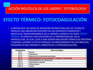 ACCIÓN BIOLÓGICA DE LOS LASERES ¨FOTOBIOLOGIA¨
EFECTO TÉRMICO: FOTOCOAGULACIÓN
• A MEDIDA QUE LOS HACES DE RADIACIÓN INTER...