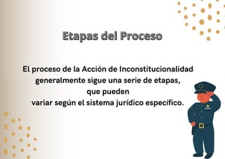 El proceso de la Acción de Inconstitucionalidad
generalmente sigue una serie de etapas,
que pueden
variar según el sistema jurídico específico.
Etapas del Proceso
Etapas del Proceso
 