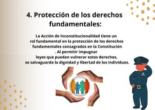 La Acción de Inconstitucionalidad tiene un
rol fundamental en la protección de los derechos
fundamentales consagrados en la Constitución
. Al permitir impugnar
leyes que puedan vulnerar estos derechos,
se salvaguarda la dignidad y libertad de los individuos.
4. Protección de los derechos
fundamentales:
 