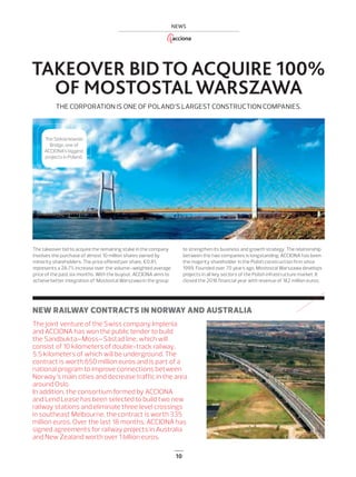 10
NEWS
The joint venture of the Swiss company Implenia
and ACCIONA has won the public tender to build
the Sandbukta–Moss–Såstad line, which will
consist of 10 kilometers of double-track railway,
5.5 kilometers of which will be underground. The
contract is worth 650 million euros and is part of a
national program to improve connections between
Norway’s main cities and decrease traffic in the area
around Oslo.
In addition, the consortium formed by ACCIONA
and Lend Lease has been selected to build two new
railway stations and eliminate three level crossings
in southeast Melbourne, the contract is worth 335
million euros. Over the last 18 months, ACCIONA has
signed agreements for railway projects in Australia
and New Zealand worth over 1 billion euros.
The takeover bid to acquire the remaining stake in the company
involves the purchase of almost 10 million shares owned by
minority shareholders. The price offered per share, €0.81,
represents a 28.7% increase over the volume-weighted average
price of the past six months. With the buyout, ACCIONA aims to
achieve better integration of Mostostal Warszawa in the group
to strengthen its business and growth strategy. The relationship
between the two companies is longstanding: ACCIONA has been
the majority shareholder in the Polish construction firm since
1999. Founded over 70 years ago, Mostostal Warszawa develops
projects in all key sectors of the Polish infrastructure market. It
closed the 2018 financial year with revenue of 182 million euros.
NEW RAILWAY CONTRACTS IN NORWAY AND AUSTRALIA
THE CORPORATION IS ONE OF POLAND’S LARGEST CONSTRUCTION COMPANIES.
TAKEOVER BIDTO ACQUIRE 100%
OF MOSTOSTAL WARSZAWA
The Siekierkowski
Bridge, one of
ACCIONA’s biggest
projects in Poland.
10-11_ACCIONA_noticias_ENG.indd 10 24/7/19 20:20
 