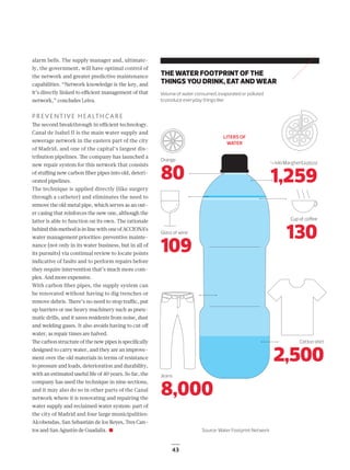 43
THE WATER FOOTPRINT OF THE
THINGS YOU DRINK, EAT AND WEAR
Volume of water consumed, evaporated or polluted
to produce everyday things like:
alarm bells. The supply manager and, ultimate-
ly, the government, will have optimal control of
the network and greater predictive maintenance
capabilities. “Network knowledge is the key, and
it’s directly linked to eﬃcient management of that
network,” concludes Leiva.
PREVENTIVE HEALTHCARE
The second breakthrough in eﬃcient technology.
Canal de Isabel II is the main water supply and
sewerage network in the eastern part of the city
of Madrid, and one of the capital’s largest dis-
tribution pipelines. The company has launched a
new repair system for this network that consists
of stuﬃng new carbon ﬁber pipes into old, deteri-
orated pipelines.
The technique is applied directly (like surgery
through a catheter) and eliminates the need to
remove the old metal pipe, which serves as an out-
er casing that reinforces the new one, although the
latter is able to function on its own. The rationale
behind this method is in line with one of ACCIONA’s
water management priorities: preventive mainte-
nance (not only in its water business, but in all of
its pursuits) via continual review to locate points
indicative of faults and to perform repairs before
they require intervention that’s much more com-
plex. And more expensive.
With carbon fiber pipes, the supply system can
be renovated without having to dig trenches or
remove debris. There’s no need to stop traﬃc, put
up barriers or use heavy machinery such as pneu-
matic drills, and it saves residents from noise, dust
and welding gases. It also avoids having to cut oﬀ
water, as repair times are halved.
The carbon structure of the new pipes is speciﬁcally
designed to carry water, and they are an improve-
ment over the old materials in terms of resistance
to pressure and loads, deterioration and durability,
with an estimated useful life of 40 years. So far, the
company has used the technique in nine sections,
and it may also do so in other parts of the Canal
network where it is renovating and repairing the
water supply and reclaimed water system: part of
the city of Madrid and four large municipalities:
Alcobendas, San Sebastián de los Reyes, Tres Can-
tos and San Agustín de Guadalix.
Orange
80
¼ kilo Margherita pizza
1,259
Glass of wine
109
Cup of coﬀee
130
Cotton shirt
2,500
Jeans
8,000
Source: Water Footprint Network
LITERS OF
WATER
40_43_ACCIONA_Agua_ENG2.indd 43 25/7/19 17:04
 