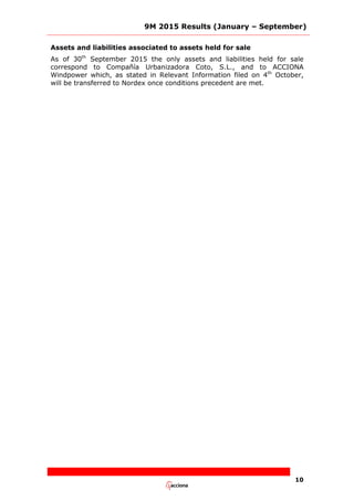 9M 2015 Results (January – September)
10
Assets and liabilities associated to assets held for sale
As of 30th
September 2015 the only assets and liabilities held for sale
correspond to Compañía Urbanizadora Coto, S.L., and to ACCIONA
Windpower which, as stated in Relevant Information filed on 4th
October,
will be transferred to Nordex once conditions precedent are met.
 
