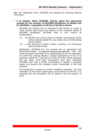 9M 2015 Results (January – September)
22
After 30th
September 2015, ACCIONA has released the following material
information:
 4 th October 2015: ACCIONA informs about the agreement
reached for the transfer of ACCIONA Windpower to Nordex and
for ACCIONA´s acquisition of 29.9% of Nordex's shares
– ACCIONA has entered into an agreement with Nordex by virtue of
which Nordex shall acquire the totality of the corporate capital of
ACCIONA Windpower. ACCIONA shall in turn receive as
compensation:
(i) 16,100,000 new issued shares of Nordex representing 16.6%
of its corporate capital for a per share value of €26 totaling
€418.6 million
(ii) a cash payment of €366.4 million, resulting in an Enterprise
Value of €785 million.
– Additionally, ACCIONA S.A. has entered into an agreement with
Momentum-Capital Vermögensverwaltungsgesellschaft mbH and
Ventus Venture Fund Gmbh & Co. Beteiligungs KG for the acquisition
of 12.897.752 existing Nordex´s shares representing 13.3% of its
corporate capital for a total price of €335.34 million which represent
€26 per share. Once both transactions have been completed
ACCIONA shall hold a 29.9% shareholding in Nordex´s corporate
capital and become the strategic anchor shareholder of the new
company.
– The transaction is subject to certain conditions precedent. The first
estimation of the future capital gains would amount to €675m. It is
expected that the transaction will be closed in the first quarter of
2016.
 