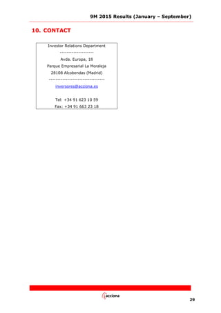 9M 2015 Results (January – September)
29
10. CONTACT
Investor Relations Department
--------------------
Avda. Europa, 18
Parque Empresarial La Moraleja
28108 Alcobendas (Madrid)
---------------------------------
inversores@acciona.es
Tel: +34 91 623 10 59
Fax: +34 91 663 23 18
 
