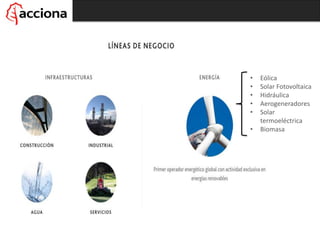 • Eólica
• Solar Fotovoltaica
• Hidráulica
• Aerogeneradores
• Solar
termoeléctrica
• Biomasa
 