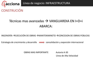 Línea de negocio: INFRAESTRUCTURA
CONSTRUCIÓN
Técnicas mas avanzadas  VANGUARDIA EN I+D+i
ABARCA:
INGENIERÍA EJECUCIÓN DE OBRAS MANTENIMINETO CONCESION DE OBRAS PÚBLICAS
Estrategia de crecimiento y desarrollo consolidación y expansión internacional
OBRAS MAS IMPORTANTE Autovía A-30
Línea de Alta Velocidad
 