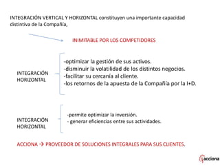 INTEGRACIÓN VERTICAL Y HORIZONTAL constituyen una importante capacidad
distintiva de la Compañía,
INIMITABLE POR LOS COMPETIDORES
INTEGRACIÓN
HORIZONTAL
-optimizar la gestión de sus activos.
-disminuir la volatilidad de los distintos negocios.
-facilitar su cercanía al cliente.
-los retornos de la apuesta de la Compañía por la I+D.
INTEGRACIÓN
HORIZONTAL
-permite optimizar la inversión.
- generar eficiencias entre sus actividades.
ACCIONA  PROVEEDOR DE SOLUCIONES INTEGRALES PARA SUS CLIENTES.
 