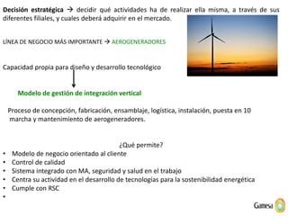 Decisión estratégica  decidir qué actividades ha de realizar ella misma, a través de sus
diferentes filiales, y cuales deberá adquirir en el mercado.
LÍNEA DE NEGOCIO MÁS IMPORTANTE  AEROGENERADORES
Capacidad propia para diseño y desarrollo tecnológico
Modelo de gestión de integración vertical
Proceso de concepción, fabricación, ensamblaje, logística, instalación, puesta en 10
marcha y mantenimiento de aerogeneradores.
¿Qué permite?
• Modelo de negocio orientado al cliente
• Control de calidad
• Sistema integrado con MA, seguridad y salud en el trabajo
• Centra su actividad en el desarrollo de tecnologías para la sostenibilidad energética
• Cumple con RSC
•
 