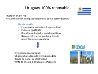Uruguay 100% renovable
Inversión 3% del PIB
Actualmente 40% energía corresponde a eólica, solar y biomasa
Receta sencilla:
• Escasez recursos fósiles  oportunidad
• Política a l/p (2030)
• Respaldo de todos los partidos políticos
• Diálogo entre sector público y privado
• Atraer los mejores cerebros
Crecimiento economía 6%
53 países han adoptado el mismo modelo
Bajada de cuotas de electricidad
Venta de energía a otros países (Argentina)
 