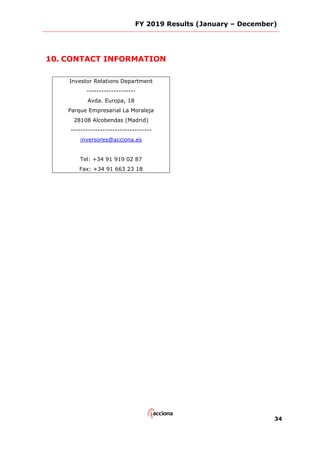 FY 2019 Results (January – December)
34
10. CONTACT INFORMATION
Investor Relations Department
--------------------
Avda. Europa, 18
Parque Empresarial La Moraleja
28108 Alcobendas (Madrid)
---------------------------------
inversores@acciona.es
Tel: +34 91 919 02 87
Fax: +34 91 663 23 18
 
