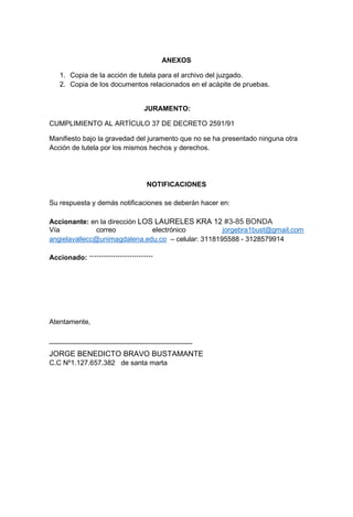 ANEXOS
1. Copia de la acción de tutela para el archivo del juzgado.
2. Copia de los documentos relacionados en el acápite de pruebas.
JURAMENTO:
CUMPLIMIENTO AL ARTÍCULO 37 DE DECRETO 2591/91
Manifiesto bajo la gravedad del juramento que no se ha presentado ninguna otra
Acción de tutela por los mismos hechos y derechos.
NOTIFICACIONES
Su respuesta y demás notificaciones se deberán hacer en:
Accionante: en la dirección LOS LAURELES KRA 12 #3-85 BONDA
Vía correo electrónico jorgebra1bust@gmail.com
angielavallecc@unimagdalena.edu.co – celular: 3118195588 - 3128579914
Accionado: ***************************
Atentamente,
_____________________________________
JORGE BENEDICTO BRAVO BUSTAMANTE
C.C Nº1.127.657.382 de santa marta
 
