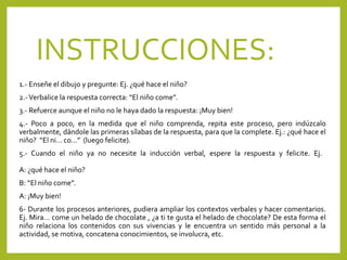 INSTRUCCIONES:
1.- Enseñe el dibujo y pregunte: Ej. ¿qué hace el niño?
2.-Verbalice la respuesta correcta: “El niño come”.
3.- Refuerce aunque el niño no le haya dado la respuesta: ¡Muy bien!
4.- Poco a poco, en la medida que el niño comprenda, repita este proceso, pero indúzcalo
verbalmente, dándole las primeras sílabas de la respuesta, para que la complete. Ej.: ¿qué hace el
niño? “El ni… co…” (luego felicite).
5.- Cuando el niño ya no necesite la inducción verbal, espere la respuesta y felicite. Ej.
A: ¿qué hace el niño?
B: “El niño come”.
A: ¡Muy bien!
6- Durante los procesos anteriores, pudiera ampliar los contextos verbales y hacer comentarios.
Ej. Mira… come un helado de chocolate , ¿a ti te gusta el helado de chocolate? De esta forma el
niño relaciona los contenidos con sus vivencias y le encuentra un sentido más personal a la
actividad, se motiva, concatena conocimientos, se involucra, etc.