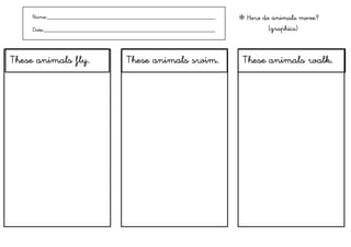 Name:___________________________________________________________    ❇ How do animals move?
     Date:____________________________________________________________           (graphics)



These animals fly.                    These animals swim.                 These animals walk.
 
