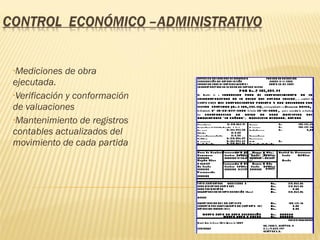 Mediciones de obra ejecutada. Verificación y conformación de valuaciones Mantenimiento de registros contables actualizados del movimiento de cada partida 