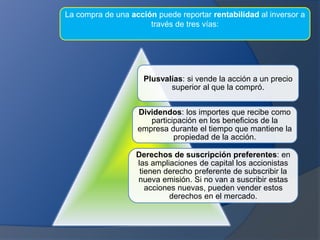 La compra de una acción puede reportar rentabilidad al inversor a
través de tres vías:
Plusvalías: si vende la acción a un precio
superior al que la compró.
Dividendos: los importes que recibe como
participación en los beneficios de la
empresa durante el tiempo que mantiene la
propiedad de la acción.
Derechos de suscripción preferentes: en
las ampliaciones de capital los accionistas
tienen derecho preferente de subscribir la
nueva emisión. Si no van a suscribir estas
acciones nuevas, pueden vender estos
derechos en el mercado.
 