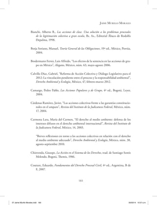 Jaime Murillo Morales
183
Bianchi, Alberto B., Las acciones de clase. Una solución a los problemas procesales
de la legitimación colectiva a gran escala, Bs. As., Editorial Ábaco de Rodolfo
Depalma, 1998.
Borja Soriano, Manuel, Teoría General de las Obligaciones, 19ª ed., México, Porrúa,
2004.
Brodermann Ferrer, Luis Alfredo, “Los efectos de la sentencia en las acciones de gru-
po en México”, Alegatos, México, núm. 63, mayo-agosto 2006.
Calvillo Díaz, Gabriel, “Reforma de Acción Colectiva y Diálogo Legislativo para el
2012: La vinculación pendiente entre el proceso y la responsabilidad ambiental”,
Derecho Ambiental y Ecología, México, 47, febrero-marzo 2012.
Camargo, Pedro Pablo, Las Acciones Populares y de Grupo, 4ª ed., Bogotá, Leyer,
2004.
Cárdenas Ramírez, Javier, “Las acciones colectivas frente a las garantías constitucio-
nales en el amparo”, Revista del Instituto de la Judicatura Federal, México, núm.
17, 2004.
Carmona Lara, María del Carmen, “El derecho al medio ambiente: defensa de los
intereses difusos en el derecho ambiental internacional”, Revista del Instituto de
la Judicatura Federal, México, 14, 2003.
“Breves reflexiones en torno a las acciones colectivas en relación con el derecho
al medio ambiente adecuado”, Derecho Ambiental y Ecología, México, núm. 38,
agosto-septiembre 2010.
Chiovenda, Giusepe, La Acción en el Sistema de los Derechos, trad. de Santiago Sentís
Melendo, Bogotá, Themis, 1986.
Couture, Eduardo, Fundamentos del Derecho Procesal Civil, 4ª ed., Argentina, B de
F, 2007.
07 Jaime Murillo Morales.indd 183 05/03/14 10:57 a.m.
 