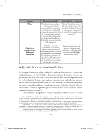 Sergio Ibarra Valencia
305
IV. Ejecución de la sentencia en la acción difusa
En este tipo de sentencias, el juez sólo podrá condenar al demandado a la reparación
del daño causado a la colectividad, es decir, a la restitución de las cosas al estado que
guardaren antes de la afectación, si esto fuere posible. Esta restitución podrá consis-
tir en la realización de una o más acciones o abstenerse de realizarlas. Al respecto,
Ovalle Favela señala que la orden de hacer o no hacer en una sentencia debe definir
de manera precisa la conducta a cumplir para proteger el derecho o interés colectivo
amenazado o vulnerado y prevenir que se vuelva a incurrir en las acciones u omisio-
nes que motivaron la acción11
.
Con el objeto de ejemplificar la obligación por parte del demandado de realizar
9
Artículo 604. En acciones difusas el juez sólo podrá condenar al demandado a la reparación del daño causado a la colec-
tividad, consistente en restitución de las cosas al estado que guardaren antes de la afectación, si esto fuere posible. Esta restitución
podrá consistir en la realización de una o más acciones o abstenerse de realizarlas.
Si no fuere posible lo anterior, el juez condenará al cumplimiento sustituto de acuerdo a la afectación de los derechos o intereses de
la colectividad. En su caso, la cantidad resultante se destinará al Fondo a que se refiere el Capítulo XI de este Título.
10
Artículo 605… En el caso de acciones colectivas en sentido estricto e individuales homogéneas, el juez podrá condenar al
demandado a la reparación del daño, consistente en la realización de una o más acciones o abstenerse de realizarlas, así como a
cubrir los daños en forma individual a los miembros del grupo conforme a lo establecido en este artículo.
11
Ovalle Favela, José, Acciones populares y acciones para la tutela de los derechos difusos y colectivos, en Boletín Mexicano
de Derecho Comparado, México, núm. 107, mayo-agosto de 2003, p. 600.
Acción
Difusa
Colectiva en
sentido estricto
Individual
homogénea
Derechos tutelados
Derechos e intereses difusos
y colectivos, entendidos
como aquéllos de naturaleza
indivisible cuya titularidad
corresponde a una colectividad
de personas, indeterminada
o determinable, relacionadas
por circunstancias de hecho o
de derecho comunes (artículo
580, fracción I).
Derechos e intereses
individuales de incidencia
colectiva, entendidos como
aquéllos de naturaleza divisible
cuya titularidad corresponde a
los individuos integrantes de
una colectividad de personas,
determinable, relacionadas
por circunstancias de derecho
(artículo 580, fracción II).
Contenido de la sentencia
Restitución de las cosas al es-
tado que guardaren antes de la
afectación (realización de una
o más acciones o abstenerse
de realizarlas) o cumplimiento
sustituto9
.
Realización de una o más
acciones o abstenerse de
realizarlas, y cubrir los daños
en forma individual a los
miembros del grupo10
.
13 Sergio Ibarra Valencia.indd 305 21/02/14 11:14 a.m.
 