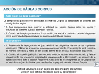 “Actitud voluntaria de un sujeto de derecho para procurarse
un bien que estima necesario para su satisfacción”.
ACCIÓN DE HÁBEAS CORPUS
Ante quién se debe accionar?
La competencia para resolver solicitudes de Hábeas Corpus se establecerá de acuerdo con
las siguientes reglas:
 1. Son competentes para resolver la solicitud de Hábeas Corpus todos los jueces y
tribunales de la Rama Judicial del Poder Público.
 2. Cuando se interponga ante una Corporación, se tendrá a cada uno de sus integrantes
como juez individual para resolver las acciones de Hábeas Corpus.
Impugnación
 1. Presentada la impugnación, el juez remitirá las diligencias dentro de las siguientes
veinticuatro (24) horas al superior jerárquico correspondiente. El expediente será repartido
de manera inmediata y habrá de ser fallado dentro de los tres (3) días hábiles siguientes.
 2. Cuando el superior jerárquico sea un juez plural, el recurso será sustanciado y fallado
integralmente por uno de los magistrados integrantes de la Corporación, sin requerir de la
aprobación de la sala o sección respectiva. Cada uno de los integrantes de la Corporación
se tendrá como juez individual para resolver las impugnaciones del Hábeas Corpus
 