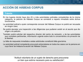 ACCIÓN DE HÁBEAS CORPUS En los lugares donde haya dos (2) o más autoridades judiciales competentes de la misma categoría, la petición de Hábeas Corpus se someterá a reparto inmediato entre dichos funcionarios.  La autoridad judicial a quien corresponda conocer del Hábeas Corpus no podrá ser recusada en ningún caso;  Se podrá decretar una inspección a las diligencias que pudieren existir en el asunto que dio origen a la petición.  También podrá solicitar del respectivo director del centro de reclusión, y de las autoridades que considere pertinentes, información urgente sobre todo lo concerniente a la privación de la libertad.  La falta de respuesta inmediata a estas solicitudes constituirá falta gravísima. La autoridad judicial competente procurará entrevistarse en todos los casos con la persona en cuyo favor se instaura la acción de Hábeas Corpus. Trámite 