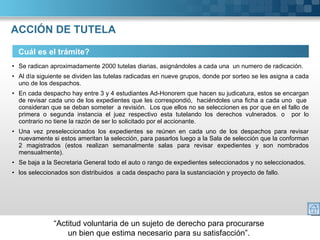 ACCIÓN DE TUTELA • Se radican aproximadamente 2000 tutelas diarias, asignándoles a cada una  un numero de radicación. • Al día siguiente se dividen las tutelas radicadas en nueve grupos, donde por sorteo se les asigna a cada uno de los despachos. • En cada despacho hay entre 3 y 4 estudiantes Ad-Honorem que hacen su judicatura, estos se encargan de revisar cada uno de los expedientes que les correspondió,  haciéndoles una ficha a cada uno  que  consideran que se deban someter  a revisión.  Los que ellos no se seleccionen es por que en el fallo de primera o segunda instancia el juez respectivo esta tutelando los derechos vulnerados. o  por lo contrario no tiene la razón de ser lo solicitado por el accionante. • Una vez preseleccionados los expedientes se reúnen en cada uno de los despachos para revisar nuevamente si estos ameritan la selección, para pasarlos luego a la Sala de selección que la conforman 2 magistrados (estos realizan semanalmente salas para revisar expedientes y son nombrados mensualmente).  • Se baja a la Secretaria General todo el auto o rango de expedientes seleccionados y no seleccionados. • los seleccionados son distribuidos  a cada despacho para la sustanciación y proyecto de fallo. Cuál es el trámite? 