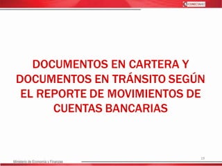 DOCUMENTOS EN CARTERA Y
DOCUMENTOS EN TRÁNSITO SEGÚN
EL REPORTE DE MOVIMIENTOS DE
CUENTAS BANCARIAS
19
 