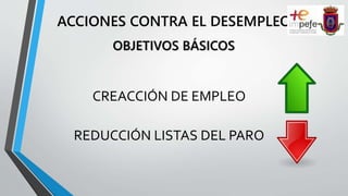 ACCIONES CONTRA EL DESEMPLEO
CREACCIÓN DE EMPLEO
REDUCCIÓN LISTAS DEL PARO
OBJETIVOS BÁSICOS
 