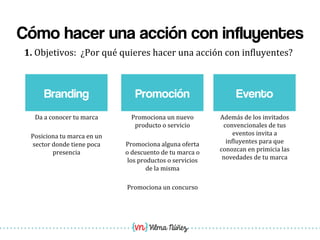 Vilma Núñez
Cómo hacer una acción con influyentes
Branding
1.	
  Objetivos:	
  	
  ¿Por	
  qué	
  quieres	
  hacer	
  una	
  acción	
  con	
  in1luyentes?	
  	
  
Promoción Evento
Da	
  a	
  conocer	
  tu	
  marca	
  
	
  
Posiciona	
  tu	
  marca	
  en	
  un	
  
sector	
  donde	
  tiene	
  poca	
  
presencia	
  
Promociona	
  un	
  nuevo	
  
producto	
  o	
  servicio	
  
	
  
Promociona	
  alguna	
  oferta	
  
o	
  descuento	
  de	
  tu	
  marca	
  o	
  
los	
  productos	
  o	
  servicios	
  
de	
  la	
  misma	
  
	
  
Promociona	
  un	
  concurso	
  
Además	
  de	
  los	
  invitados	
  
convencionales	
  de	
  tus	
  
eventos	
  invita	
  a	
  
in1luyentes	
  para	
  que	
  
conozcan	
  en	
  primicia	
  las	
  
novedades	
  de	
  tu	
  marca	
  
 