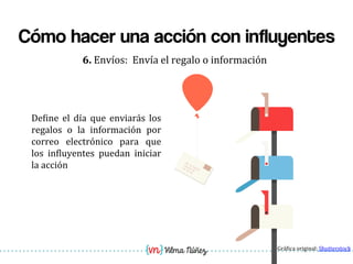 Vilma Núñez
Cómo hacer una acción con influyentes
6.	
  Envíos:	
  	
  Envía	
  el	
  regalo	
  o	
  información	
  
De1ine	
   el	
   día	
   que	
   enviarás	
   los	
  
regalos	
   o	
   la	
   información	
   por	
  
correo	
   electrónico	
   para	
   que	
  
los	
   in1luyentes	
   puedan	
   iniciar	
  
la	
  acción	
  
Grá1ica	
  original:	
  Shutterstock	
  
 