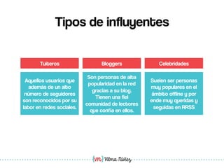 Vilma Núñez
Tipos de influyentes
Aquellos usuarios que
además de un alto
número de seguidores
son reconocidos por su
labor en redes sociales.
Son personas de alta
popularidad en la red
gracias a su blog.
Tienen una fiel
comunidad de lectores
que confía en ellos.
Suelen ser personas
muy populares en el
ámbito offline y por
ende muy queridas y
seguidas en RRSS
Tuiteros Bloggers Celebridades
 
