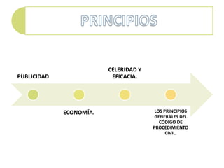 CELERIDAD Y
PUBLICIDAD                EFICACIA.




             ECONOMÍA.                  LOS PRINCIPIOS
                                       GENERALES DEL
                                          CÓDIGO DE
                                       PROCEDIMIENTO
                                             CIVIL.
 