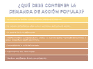 1. La indicación del derecho o interés colectivo amenazado o vulnerado.


2. La indicación de los hechos, actos, acciones u omisiones que motivan la petición.


3. La enunciación de las pretensiones.

4. El señalamiento de la persona natural o jurídica, o la autoridad pública responsable de la amenaza o
agravio si acaso fuese posible determinarla.

5. Las pruebas que se pretenda hacer valer.


6. Las direcciones para notificaciones.


7. Nombre e identificación de quien ejerce la acción.
 