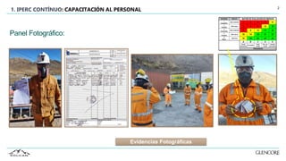 2
1. IPERC CONTÍNUO: CAPACITACIÓN AL PERSONAL
Panel Fotográfico:
Evidencias Fotográficas
SEVERIDAD IMPACTO
1
Catastrófico
Daño extensivo 1 2 4 7 11
2
Fatalidad
Daño mayor 3 5 8 12 16
3
Permanente
Daño moderado 6 9 13 17 20
4
Temporal
Daño menor 10 14 18 21 23
5
Menor
Daño leve 15 19 22 24 25
A B C D E
Sucede
Comunmente
Ha sucedido
Podria
suceder
Raro que
suceda
Imposible
que suceda
MATRIZ DE EVALUACIÓN DE RIESGOS
FRECUENCIA
 