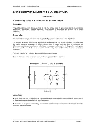 Alfonso Fraile Sánchez y Fernando Agudo Frisa                                       www.tacticasdefutbol.com




EJERCICIOS PARA LA MEJORA DE LA COBERTURA:
                                                EJERCICIO 1

4 (dinámicos) contra 4 + Portero en una mitad de campo

Objetivos:

Propuesta analítica, muy básica, pero a la vez muy eficaz para el aprendizaje de los movimientos
defensivos, (coberturas, presión individual, basculaciones y reducción del espacio de la línea
defensiva).

Desarrollo:
En una mitad de campo participan dos equipos de 4 jugadores cada uno más los 2 porteros.

Los equipos se sitúan enfrentados, orientándose sobre el ancho del terreno de juego. Los jugadores
del equipo atacante se pasan el balón, mientras que el equipo defensor debe ir realizando los
diferentes movimientos colectivos de coberturas, basculaciones, formación de diagonales o triángulos
defensivos, en función de dónde se encuentre el balón. El portero también debe situarse a la vez que
su defensa.

Duración: 2 series de 7 minutos. Pausa de 2 minutos entre series.

Cuando el entrenador lo considere oportuno los equipos cambiarán los roles.



                              MOVIMIENTOS BÁSICOS DE LA LÍNEA DE DEFENSAS




                                                          7     12


                                                                                P
                                                          9     14


                                                                            P
                                                         11     15



                                                          10    16




                                                  Gráfico 53

Variantes:
1) Igual, pero sólo con un equipo y un jugador enfrente que se desplaza conduciendo el balón, al que
la línea defensiva deberá responder adecuadamente.

2) Conforme el equipo va asimilando y mecanizando los diferentes movimientos defensivos se deberán
realizar a mayor velocidad.




ACCIONES TÁCTICAS DEFENSIVAS DEL FÚTBOL Y SU ENTRENAMIENTO                                        Página 12
 