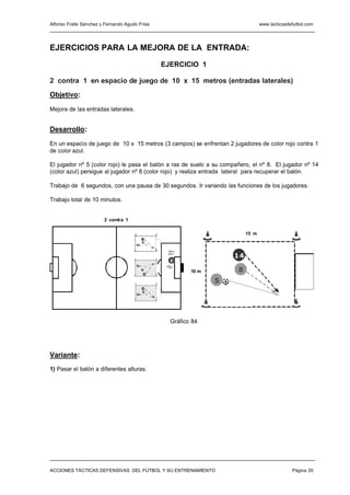 Alfonso Fraile Sánchez y Fernando Agudo Frisa                                         www.tacticasdefutbol.com




EJERCICIOS PARA LA MEJORA DE LA ENTRADA:

                                                    EJERCICIO 1

2 contra 1 en espacio de juego de 10 x 15 metros (entradas laterales)
Objetivo:

Mejora de las entradas laterales.


Desarrollo:
En un espacio de juego de 10 x 15 metros (3 campos) se enfrentan 2 jugadores de color rojo contra 1
de color azul.

El jugador nº 5 (color rojo) le pasa el balón a ras de suelo a su compañero, el nº 8. El jugador nº 14
(color azul) persigue al jugador nº 8 (color rojo) y realiza entrada lateral para recuperar el balón.

Trabajo de 6 segundos, con una pausa de 30 segundos. Ir variando las funciones de los jugadores.

Trabajo total de 10 minutos.


                        2 contra 1

                                                                               15 m
                                           12
                                           7
                                       4


                                                     "Bie n,
                                                     bi en"
                                                                          14
                                                       E
                                       3

                                           9

                                               15
                                                               10 m       8
                                                                      5
                                           14
                                           8
                                       5




                                                      Gráfico 84




Variante:
1) Pasar el balón a diferentes alturas.




ACCIONES TÁCTICAS DEFENSIVAS DEL FÚTBOL Y SU ENTRENAMIENTO                                          Página 20
 