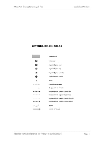 Alfonso Fraile Sánchez y Fernando Agudo Frisa                                                www.tacticasdefutbol.com




                            LEYENDA DE SÍMBOLOS



                                                Espacio lib re


                                  E             Entrenado r


                                  5             J ugad or Equipo Azul


                                 11             J ugad or Equipo Rojo


                                  8             J ugad or Equipo Amarillo


                                 10             J ugad or Equipo V iole ta


                                                Ba lón


                                                Con ducción del ba lón

                                                Desplazamient o del balón


                                                De sp la zamie nto Jugador Equipo Azul

                                                De sp la zamie nto Jugador Equipo Rojo

                                                De sp la zamie nto Jugador Equipo Amarillo

                                                De sp la zamie nto Jugador Equipo Viole ta


                                                Reg at e

                                                Sent ido del ata que




ACCIONES TÁCTICAS DEFENSIVAS DEL FÚTBOL Y SU ENTRENAMIENTO                                                  Página 3
 