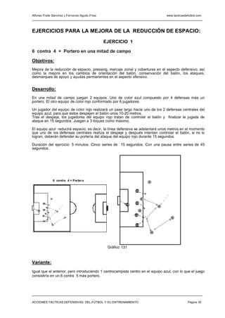 Alfonso Fraile Sánchez y Fernando Agudo Frisa                                          www.tacticasdefutbol.com




EJERCICIOS PARA LA MEJORA DE LA REDUCCIÓN DE ESPACIO:
                                                EJERCICIO 1

6 contra 4 + Portero en una mitad de campo

Objetivos:
Mejora de la reducción de espacio, pressing, marcaje zonal y coberturas en el aspecto defensivo, así
como la mejora en los cambios de orientación del balón, conservación del balón, los ataques,
desmarques de apoyo y ayudas permanentes en el aspecto ofensivo.


Desarrollo:
En una mitad de campo juegan 2 equipos. Uno de color azul compuesto por 4 defensas más un
portero. El otro equipo de color rojo conformado por 6 jugadores.

Un jugador del equipo de color rojo realizará un pase largo hacia uno de los 2 defensas centrales del
equipo azul, para que éstos despejen el balón unos 10-20 metros.
Tras el despeje, los jugadores del equipo rojo tratan de controlar el balón y finalizar la jugada de
ataque en 15 segundos. Juegan a 3 toques como máximo.

El equipo azul reducirá espacio, es decir, la línea defensiva se adelantará unos metros en el momento
que uno de los defensas centrales realiza el despeje y después intentan controlar el balón, si no lo
logran, deberán defender su portería del ataque del equipo rojo durante 15 segundos.

Duración del ejercicio: 5 minutos. Cinco series de 15 segundos. Con una pausa entre series de 45
segundos.




                       6 contra 4 + Por ter o                             7



                                                                16



                   7                                                  9

         16                                                     15
                                                           13
               9
                                                                                   8
         15
    13                      8                                        10
              10
         14                                                     14
                                6                                                         6
         12


                       11                                       12


                                                                              11




                                                 Gráfico 131



Variante:
Igual que el anterior, pero introduciendo 1 centrocampista centro en el equipo azul, con lo que el juego
consistiría en un 6 contra 5 más portero.




ACCIONES TÁCTICAS DEFENSIVAS DEL FÚTBOL Y SU ENTRENAMIENTO                                           Página 30
 