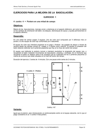 Alfonso Fraile Sánchez y Fernando Agudo Frisa                                            www.tacticasdefutbol.com




EJERCICIOS PARA LA MEJORA DE LA BASCULACIÓN:
                                                    EJERCICIO 1

4 contra 4 + Portero en una mitad de campo

Objetivos:
Mejora de las basculaciones, marcaje zonal y coberturas en el aspecto defensivo, así como la mejora
en los cambios de orientación del balón, los ataques, desmarques de apoyo y ayudas permanentes en
el aspecto ofensivo.

Desarrollo:
En una mitad de campo juegan 2 equipos. Uno de color azul compuesto por 4 defensas más un
portero. El otro equipo de color rojo conformado por 4 atacantes.

El equipo de color rojo intentará progresar en el juego y finalizar las jugadas de ataque a través de
centros desde las bandas (zonas A). Juegan a 3 toques como máximo. Si pierden la posesión del
balón deberán defender las 2 porterías pequeñas que hay en la línea del centro del campo.

El equipo azul defiende la portería normal e intentará neutralizar la progresión del equipo rojo, o
recuperará el balón mediante movimientos de basculación, pressing, y entradas. En el momento que
recuperan el balón su objetivo será el de conseguir gol en cualquiera de las 2 porterías pequeñas (3
metros de anchura) que están situadas en la línea del centro del campo.

Duración del ejercicio: 2 series de 4 minutos. Con una pausa entre series de 2 minutos.

                                                              A
                                                                                     7




                             4 contra 4 + Portero

        A
                              7




                                                                     16

              16



        13                        10
                                                               13                               10
              15
                                                                     15
                         9

               14

                                                                                9

                    12
                                                                      14
                             11


        A




                                                                           12


                                                                                    11


                                                              A


                                                       Gráfico 147
Variante:
Igual que el anterior, pero introduciendo un centrocampista centro en el equipo atacante, con lo que el
juego consistiría en un 5 contra 4 más portero.




ACCIONES TÁCTICAS DEFENSIVAS DEL FÚTBOL Y SU ENTRENAMIENTO                                             Página 32
 