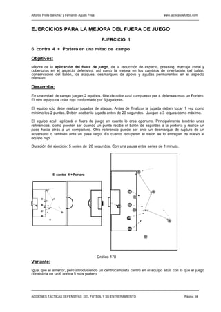 Alfonso Fraile Sánchez y Fernando Agudo Frisa                                               www.tacticasdefutbol.com



EJERCICIOS PARA LA MEJORA DEL FUERA DE JUEGO

                                                    EJERCICIO 1

6 contra 4 + Portero en una mitad de campo

Objetivos:
Mejora de la aplicación del fuera de juego, de la reducción de espacio, pressing, marcaje zonal y
coberturas en el aspecto defensivo, así como la mejora en los cambios de orientación del balón,
conservación del balón, los ataques, desmarques de apoyo y ayudas permanentes en el aspecto
ofensivo.

Desarrollo:
En una mitad de campo juegan 2 equipos. Uno de color azul compuesto por 4 defensas más un Portero.
El otro equipo de color rojo conformado por 6 jugadores.

El equipo rojo debe realizar jugadas de ataque. Antes de finalizar la jugada deben tocar 1 vez como
mínimo los 2 puntas. Deben acabar la jugada antes de 20 segundos. Juegan a 3 toques como máximo.

El equipo azul aplicará el fuera de juego en cuanto lo crea oportuno. Principalmente tendrán unas
referencias, como pueden ser cuando un punta reciba el balón de espaldas a la portería y realice un
pase hacia atrás a un compañero. Otra referencia puede ser ante un desmarque de ruptura de un
adversario o también ante un pase largo. En cuanto recuperen el balón se lo entregan de nuevo al
equipo rojo.

Duración del ejercicio: 5 series de 20 segundos. Con una pausa entre series de 1 minuto.




                                                                               7
                           6 contra 4 + Portero



                  7
                                                                     16                 8

                                                                          9
        16                 8

             9


   13
        15                                                           15
             10                                                 13
        14
                                                                          10
                                6


        12

                                                                     14
                      11
                                                                                               6


                                                                     12


                                                                                   11




                                                  Gráfico 178
Variante:
Igual que el anterior, pero introduciendo un centrocampista centro en el equipo azul, con lo que el juego
consistiría en un 6 contra 5 más portero.




ACCIONES TÁCTICAS DEFENSIVAS DEL FÚTBOL Y SU ENTRENAMIENTO                                                Página 34
 