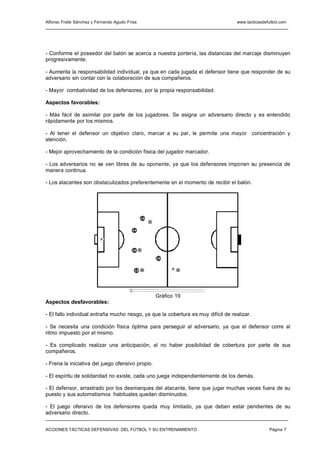 Alfonso Fraile Sánchez y Fernando Agudo Frisa                                       www.tacticasdefutbol.com




- Conforme el poseedor del balón se acerca a nuestra portería, las distancias del marcaje disminuyen
progresivamente.

- Aumenta la responsabilidad individual, ya que en cada jugada el defensor tiene que responder de su
adversario sin contar con la colaboración de sus compañeros.

- Mayor combatividad de los defensores, por la propia responsabilidad.

Aspectos favorables:

- Más fácil de asimilar por parte de los jugadores. Se asigna un adversario directo y es entendido
rápidamente por los mismos.

- Al tener el defensor un objetivo claro, marcar a su par, le permite una mayor concentración y
atención.

- Mejor aprovechamiento de la condición física del jugador marcador.

- Los adversarios no se ven libres de su oponente, ya que los defensores imponen su presencia de
manera continua.

- Los atacantes son obstaculizados preferentemente en el momento de recibir el balón.




                                                13
                                                     7


                                          14


                           P




                                          15 9

                                                         16



                                           12 10                 8




                                                         Gráfico 19
Aspectos desfavorables:

- El fallo individual entraña mucho riesgo, ya que la cobertura es muy difícil de realizar.

- Se necesita una condición física óptima para perseguir al adversario, ya que el defensor corre al
ritmo impuesto por el mismo.

- Es complicado realizar una anticipación, al no haber posibilidad de cobertura por parte de sus
compañeros.

- Frena la iniciativa del juego ofensivo propio.

- El espíritu de solidaridad no existe, cada uno juega independientemente de los demás.

- El defensor, arrastrado por los desmarques del atacante, tiene que jugar muchas veces fuera de su
puesto y sus automatismos habituales quedan disminuidos.

- El juego ofensivo de los defensores queda muy limitado, ya que deben estar pendientes de su
adversario directo.


ACCIONES TÁCTICAS DEFENSIVAS DEL FÚTBOL Y SU ENTRENAMIENTO                                         Página 7
 